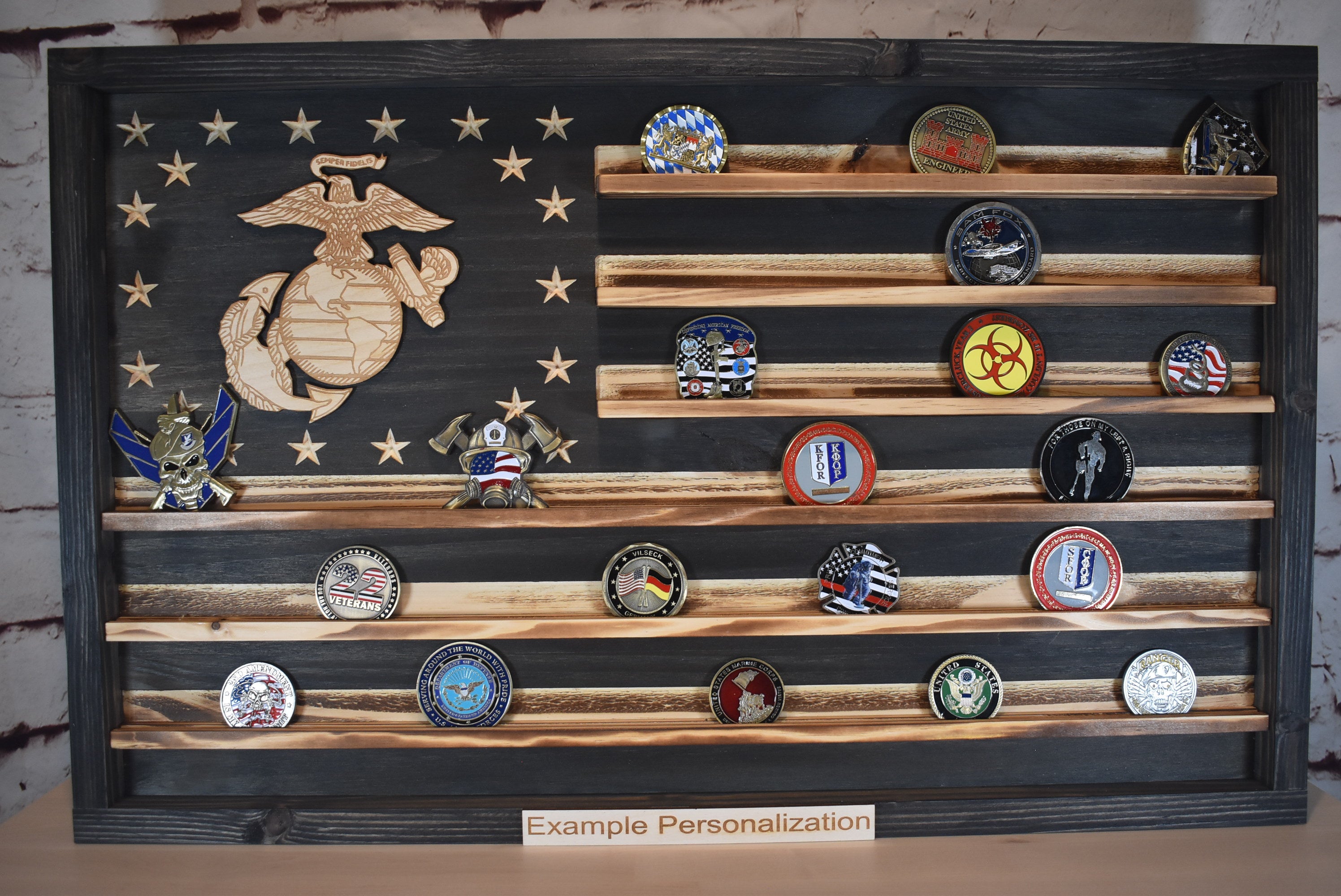 Marines Challenge Coin Display Rack Holder - Rustic Devil Dog American Flag - Military Coin Display - Semper Fi