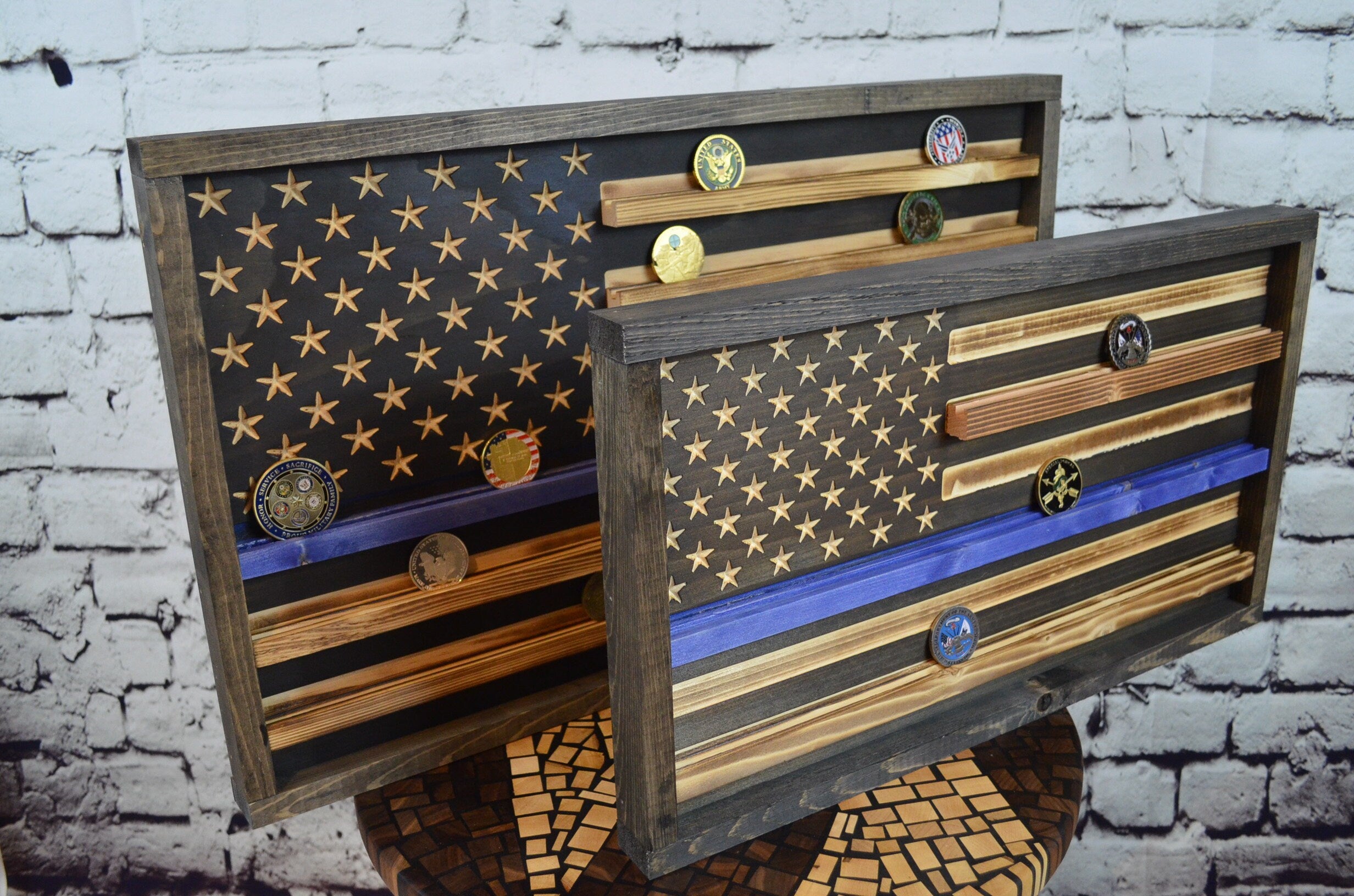 Saint Michael Thin Blue Line Coin Display Rack Holder - Rustic Police American Flag Coin Display