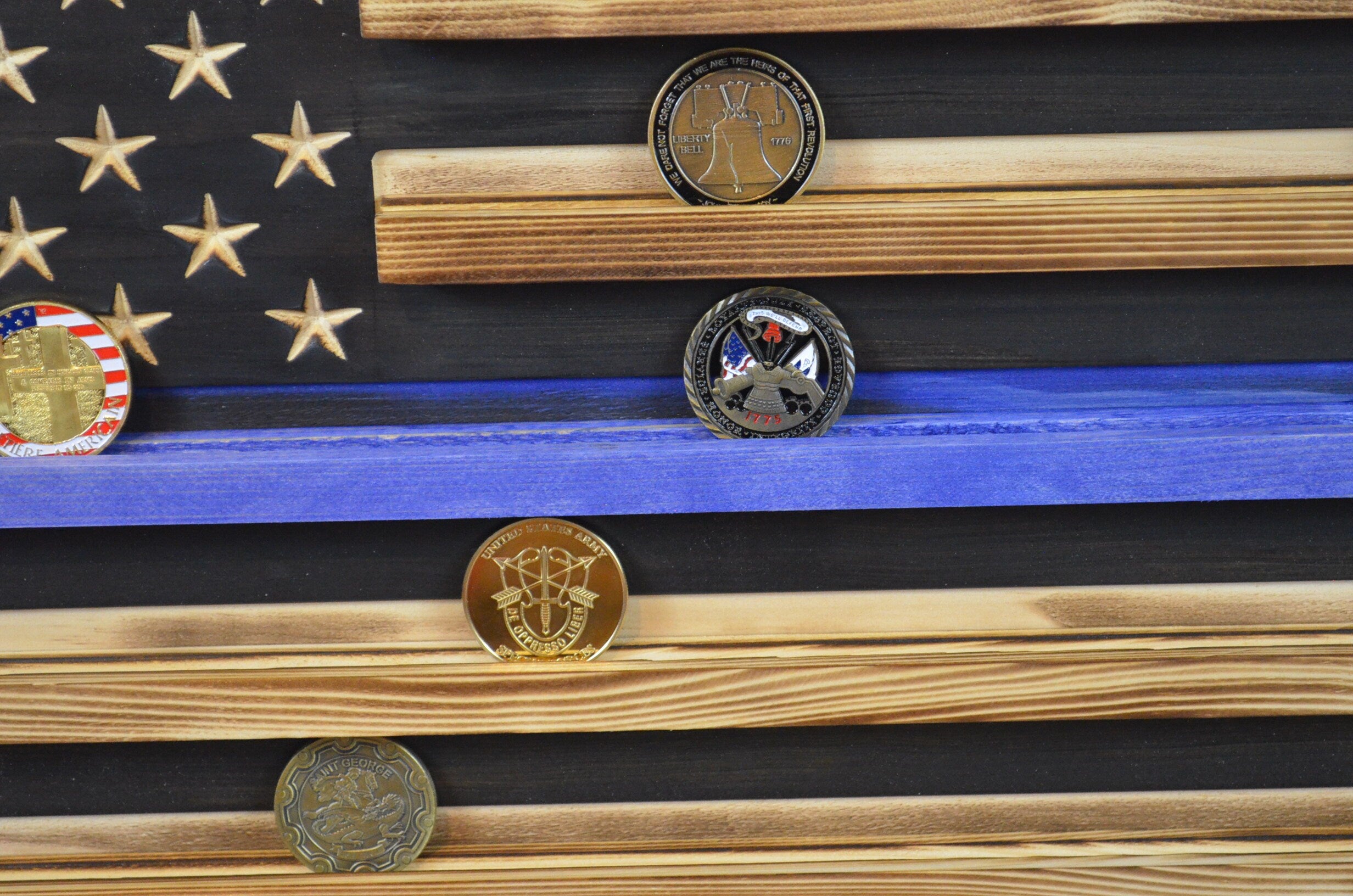 Saint Michael Thin Blue Line Coin Display Rack Holder - Rustic Police American Flag Coin Display