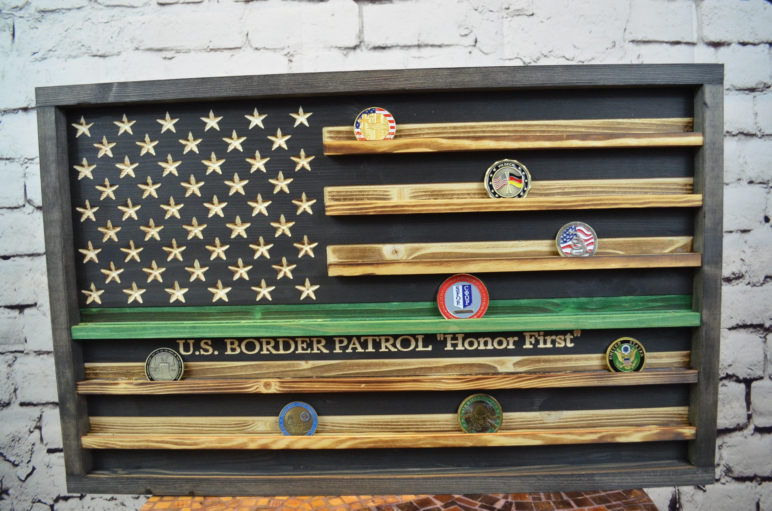Thin Green Line Coin Display Rack Holder - Rustic Military, Border Patrol American Flag Coin Display