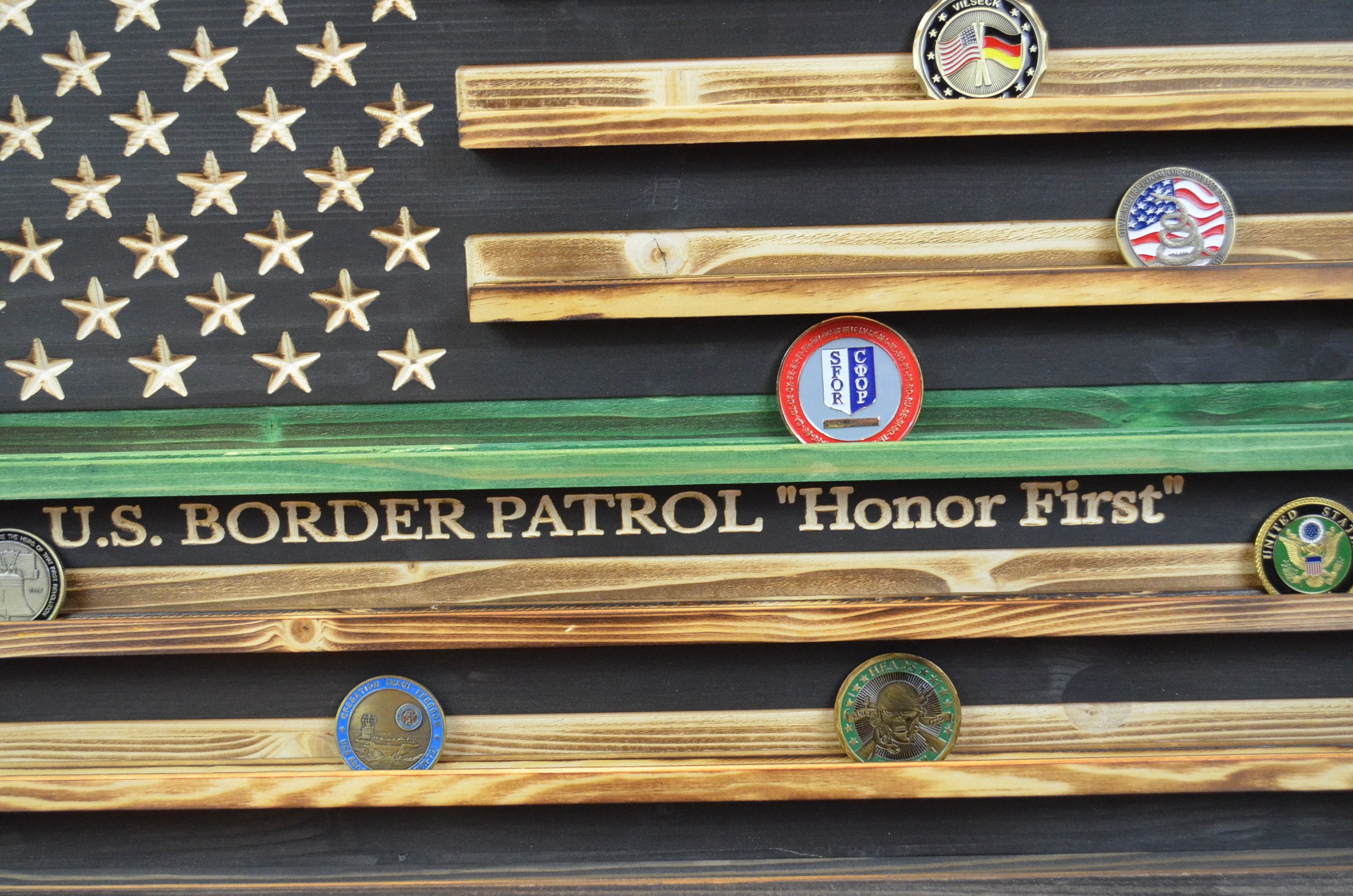 Thin Green Line Coin Display Rack Holder - Rustic Military, Border Patrol American Flag Coin Display
