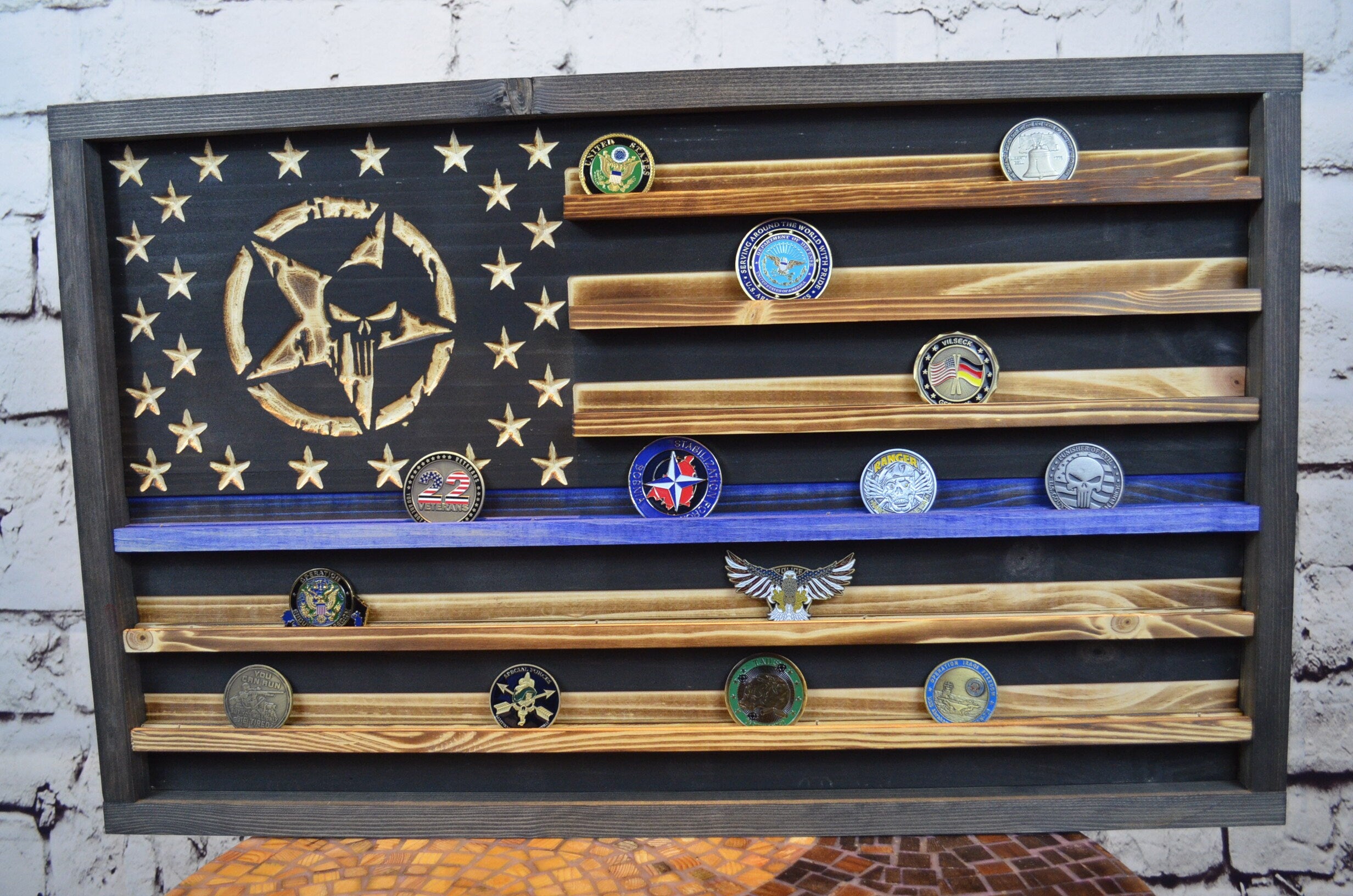 Rustic Blue Line American Punisher Flag - Police Punisher Challenge Coin Display