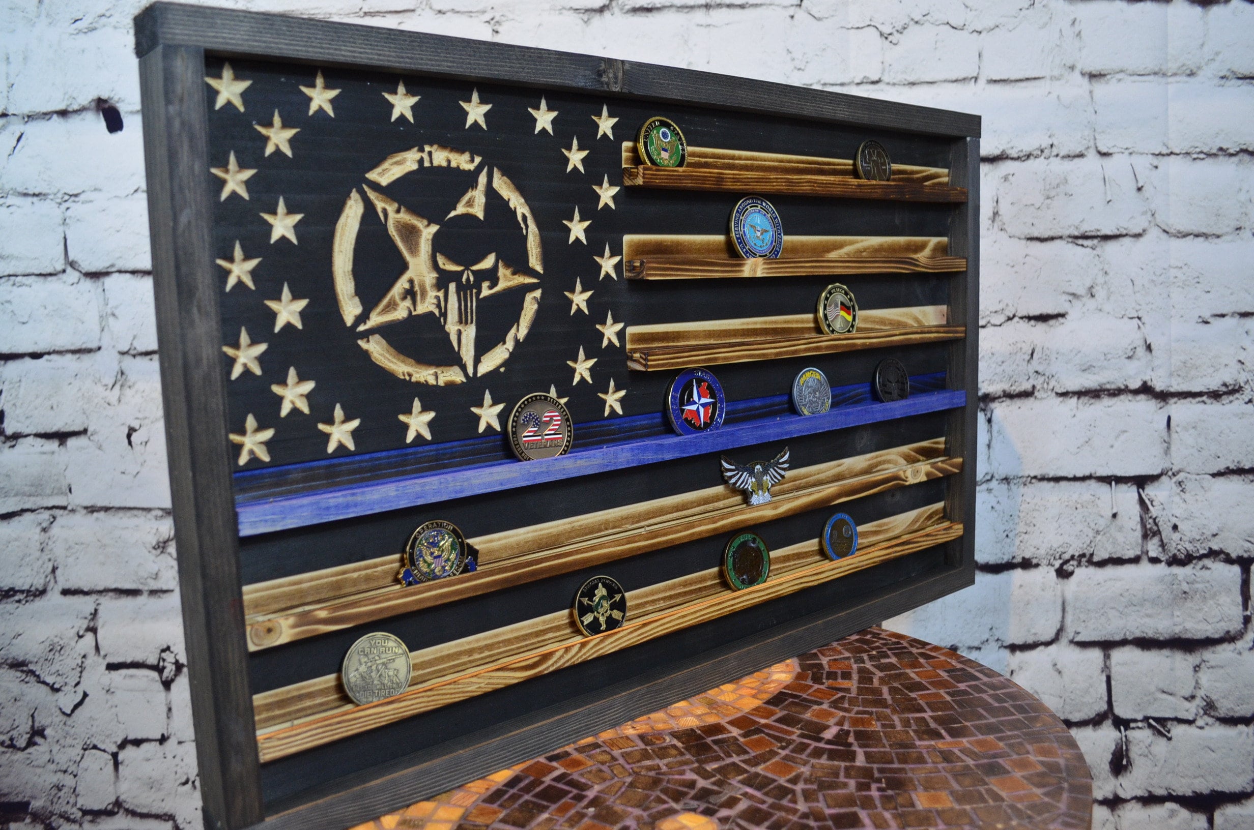 Rustic Blue Line American Punisher Flag - Police Punisher Challenge Coin Display