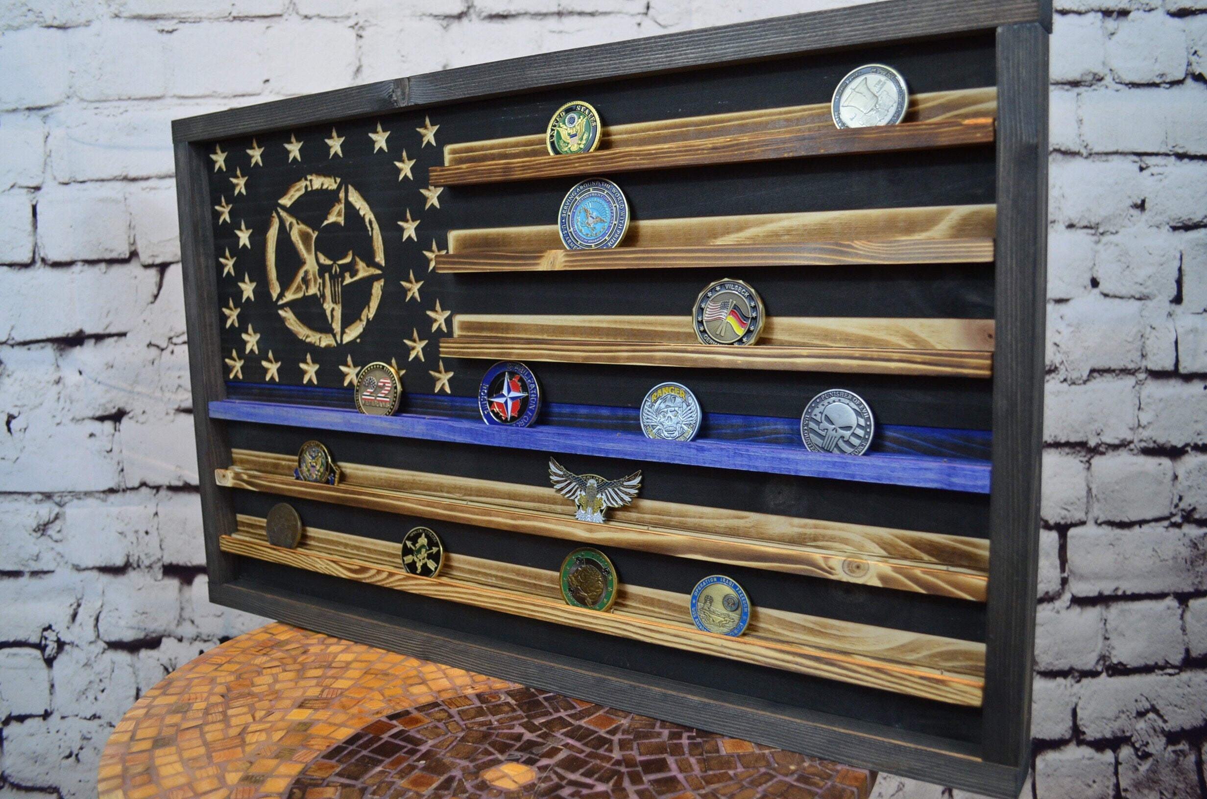 Rustic Blue Line American Punisher Flag - Police Punisher Challenge Coin Display
