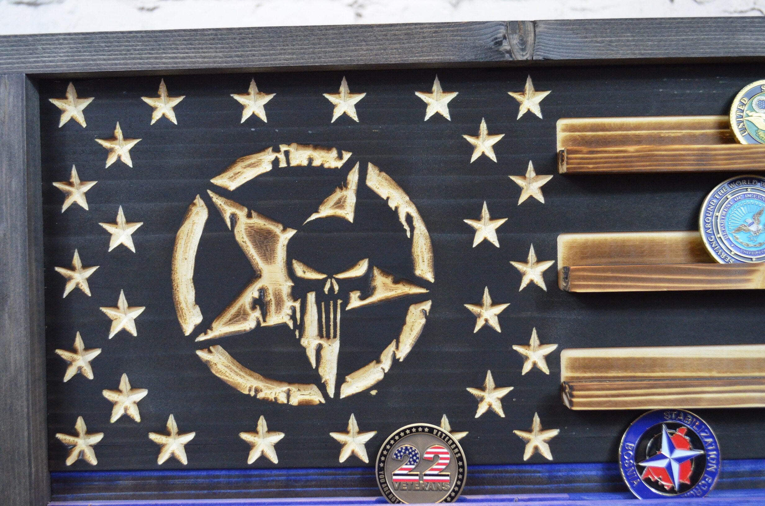 Rustic Blue Line American Punisher Flag - Police Punisher Challenge Coin Display