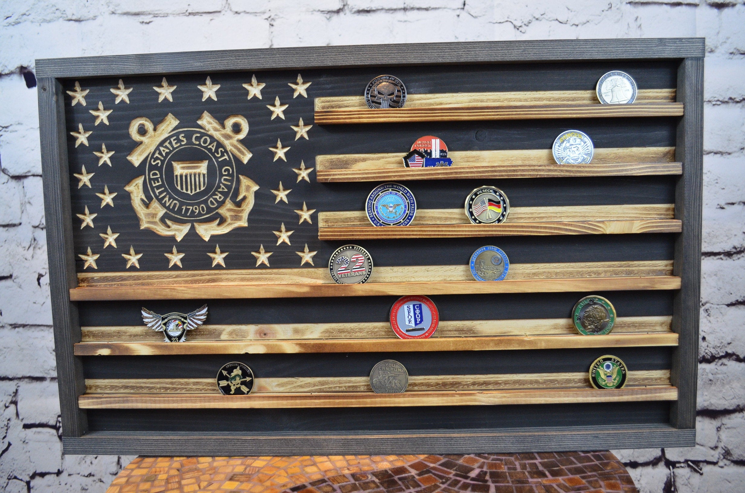 US Coast Guard Challenge Coin Display Rack Holder - Rustic Coast Guard American Flag - Military Coin Display