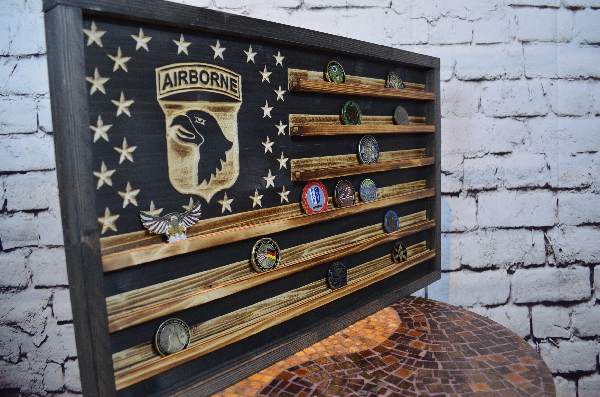 Nc Coin Rack 101st Airborne Challenge Coin Display Rack Holder - Rustic American Fl ...