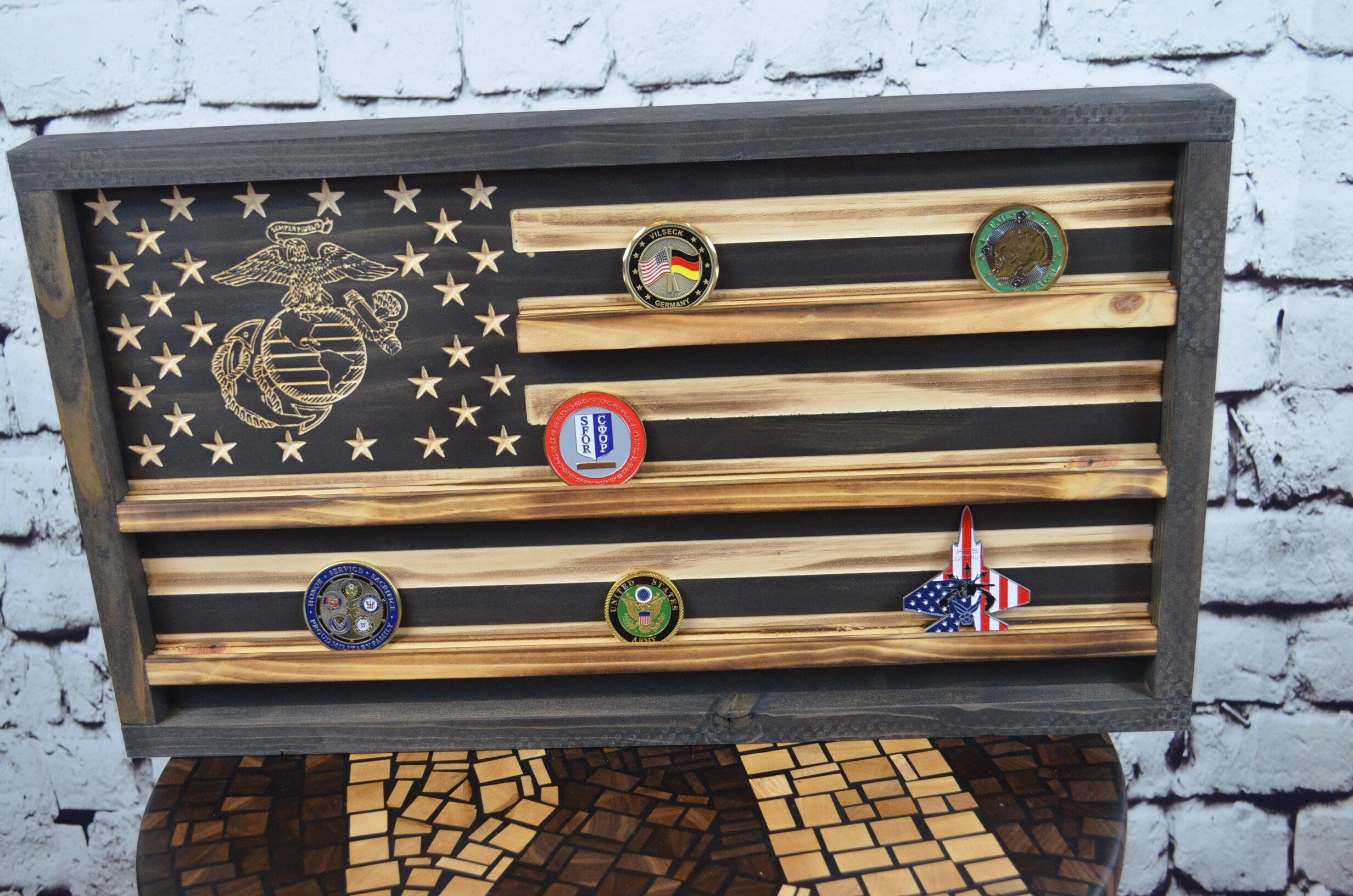 US Marines Challenge Coin Display Rack Holder - Rustic Marines American Flag - Military Coin Display - Semper Fi