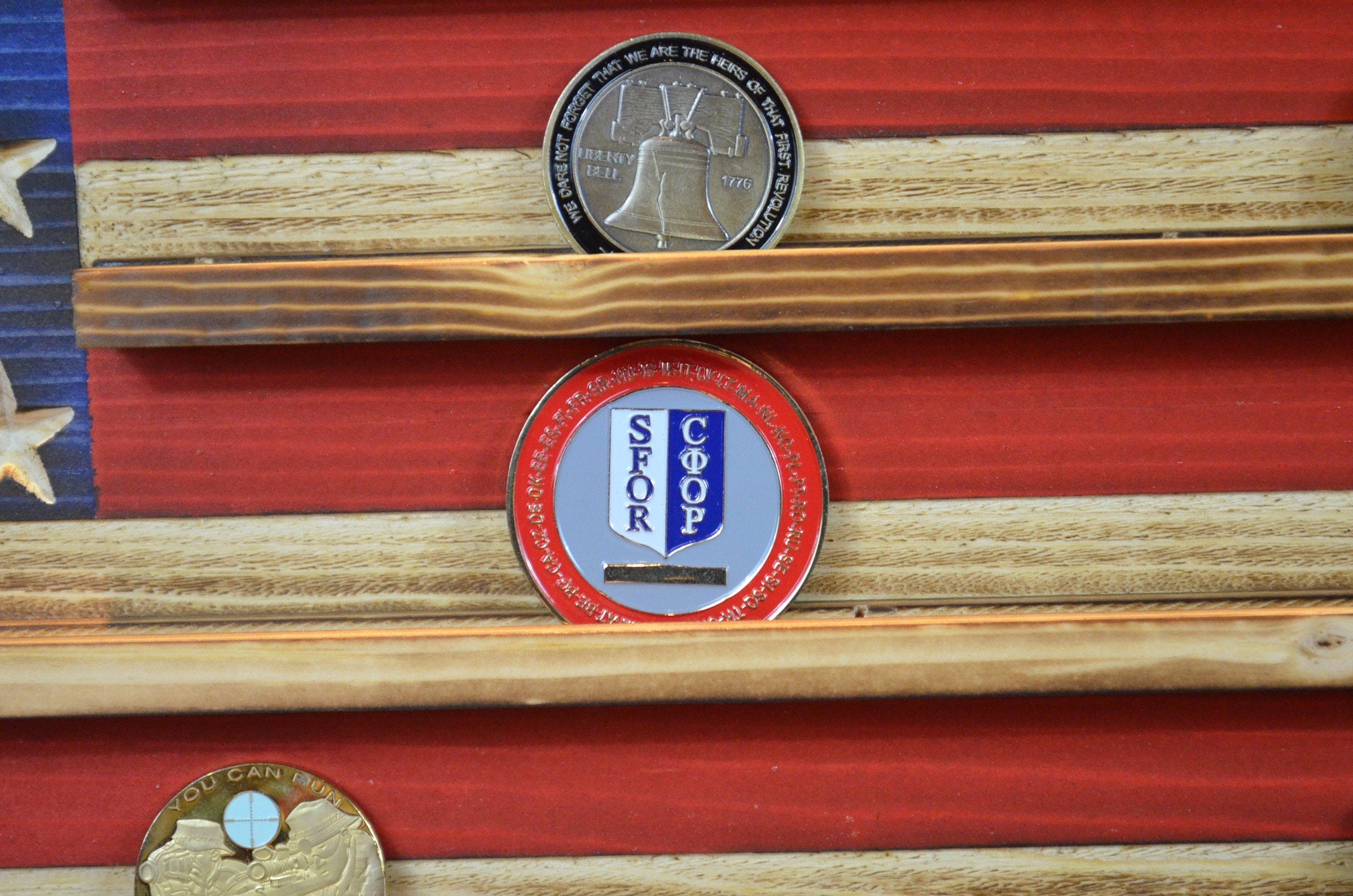 Free Mason Challenge Coin Display Rack Holder - Rustic Free Mason American Flag - Coin Display