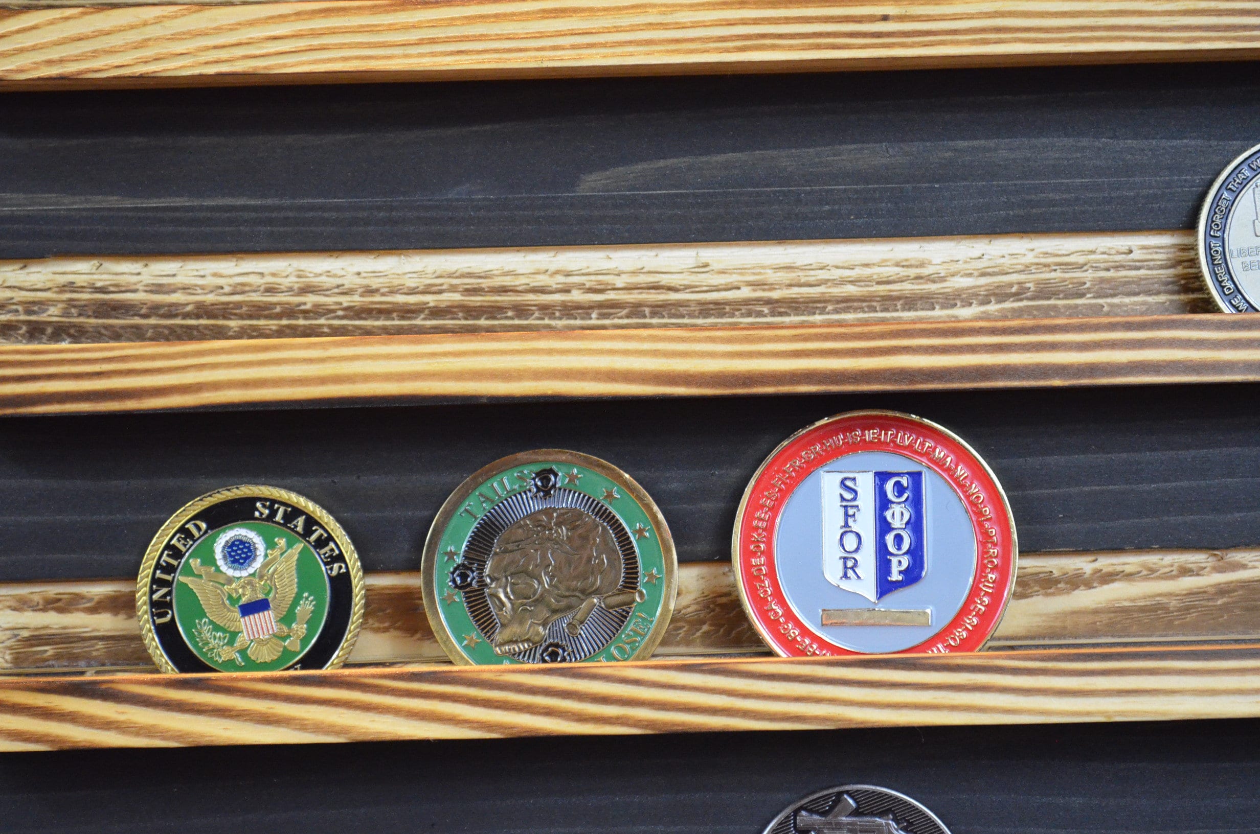 Thin Green Line Coin Display Rack Holder - Rustic Military, Border Patrol American Flag Coin Display