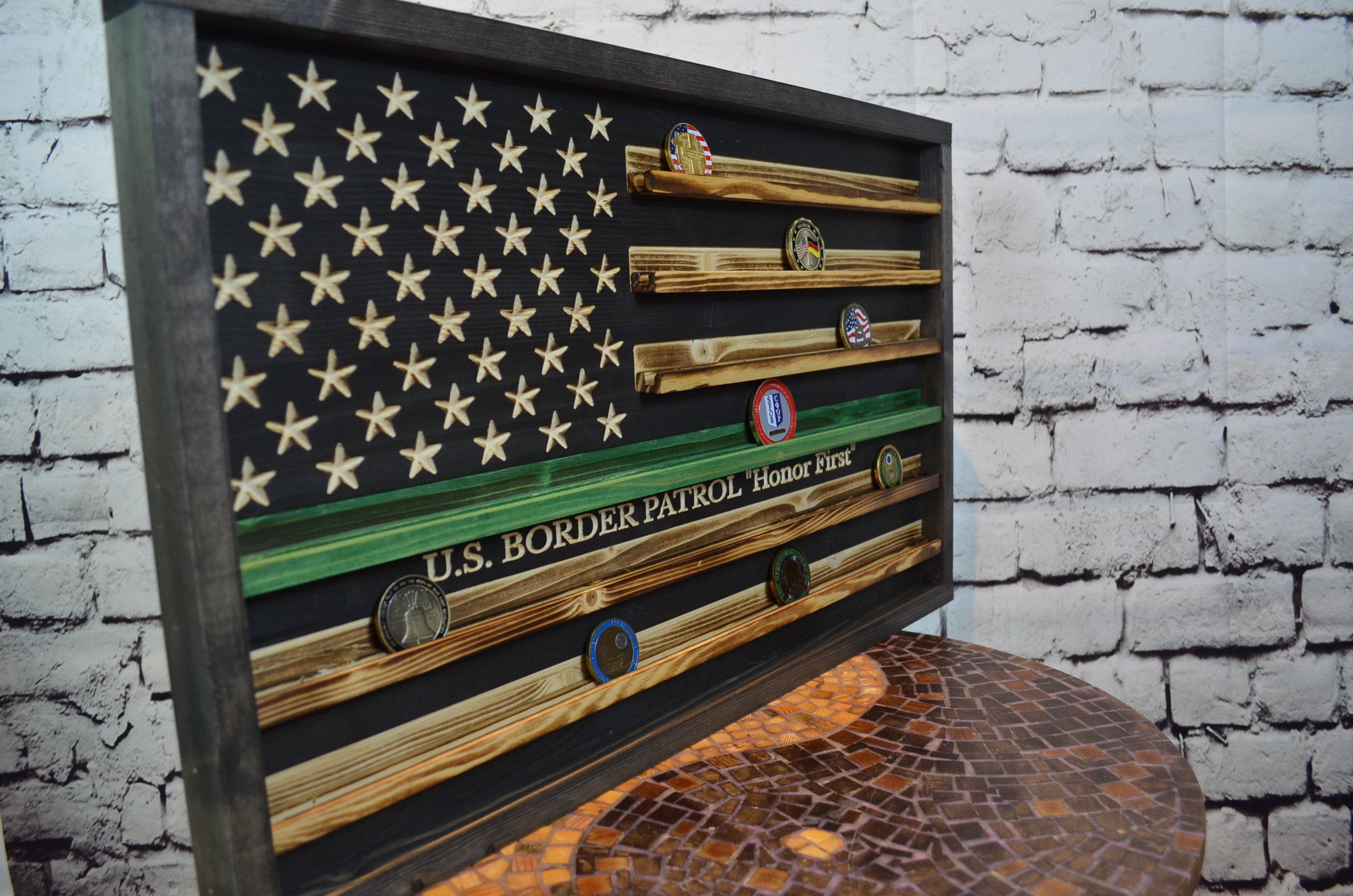 Thin Green Line Coin Display Rack Holder - Rustic Military, Border Patrol American Flag Coin Display