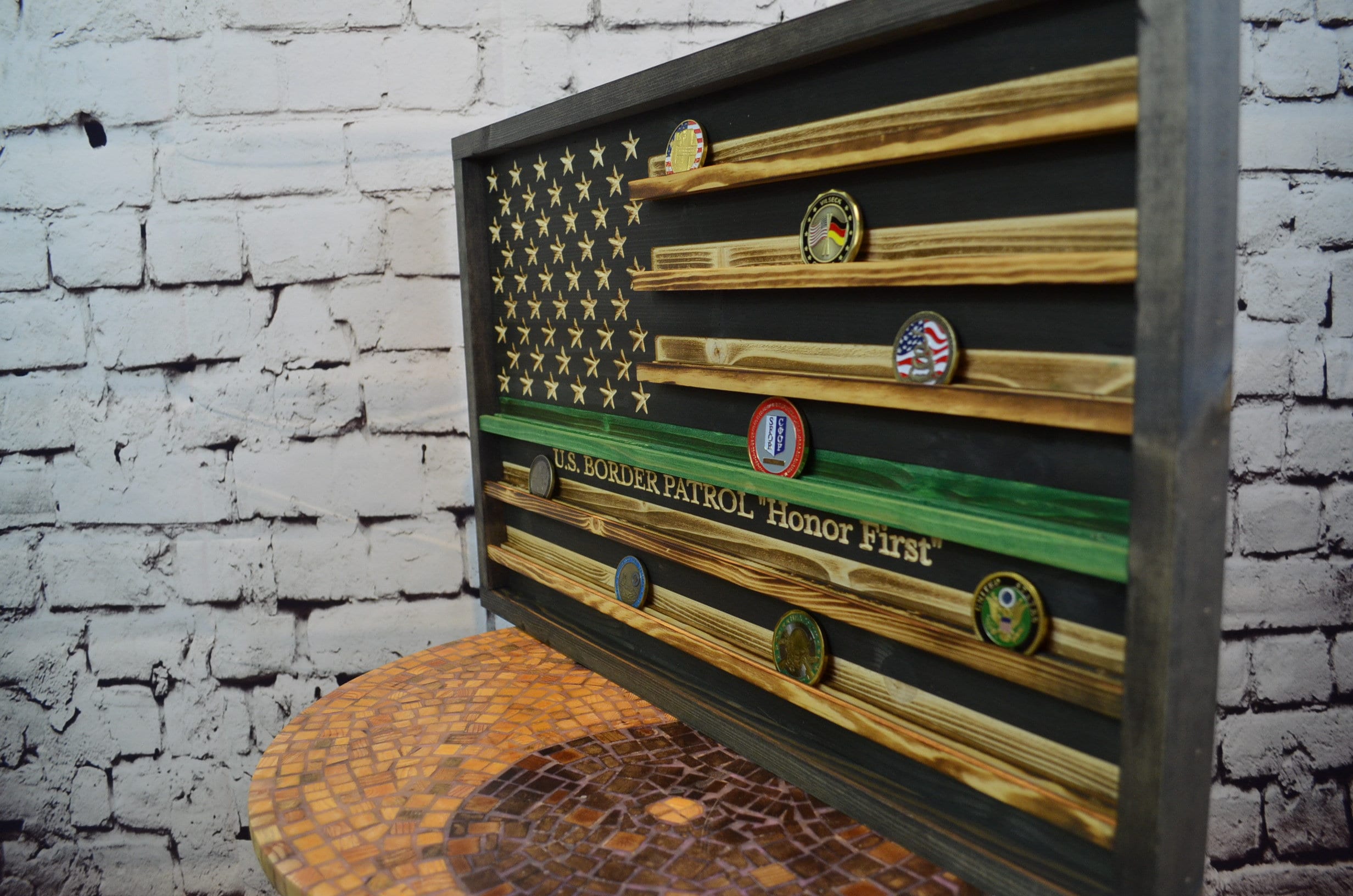 Thin Green Line Coin Display Rack Holder - Rustic Military, Border Patrol American Flag Coin Display