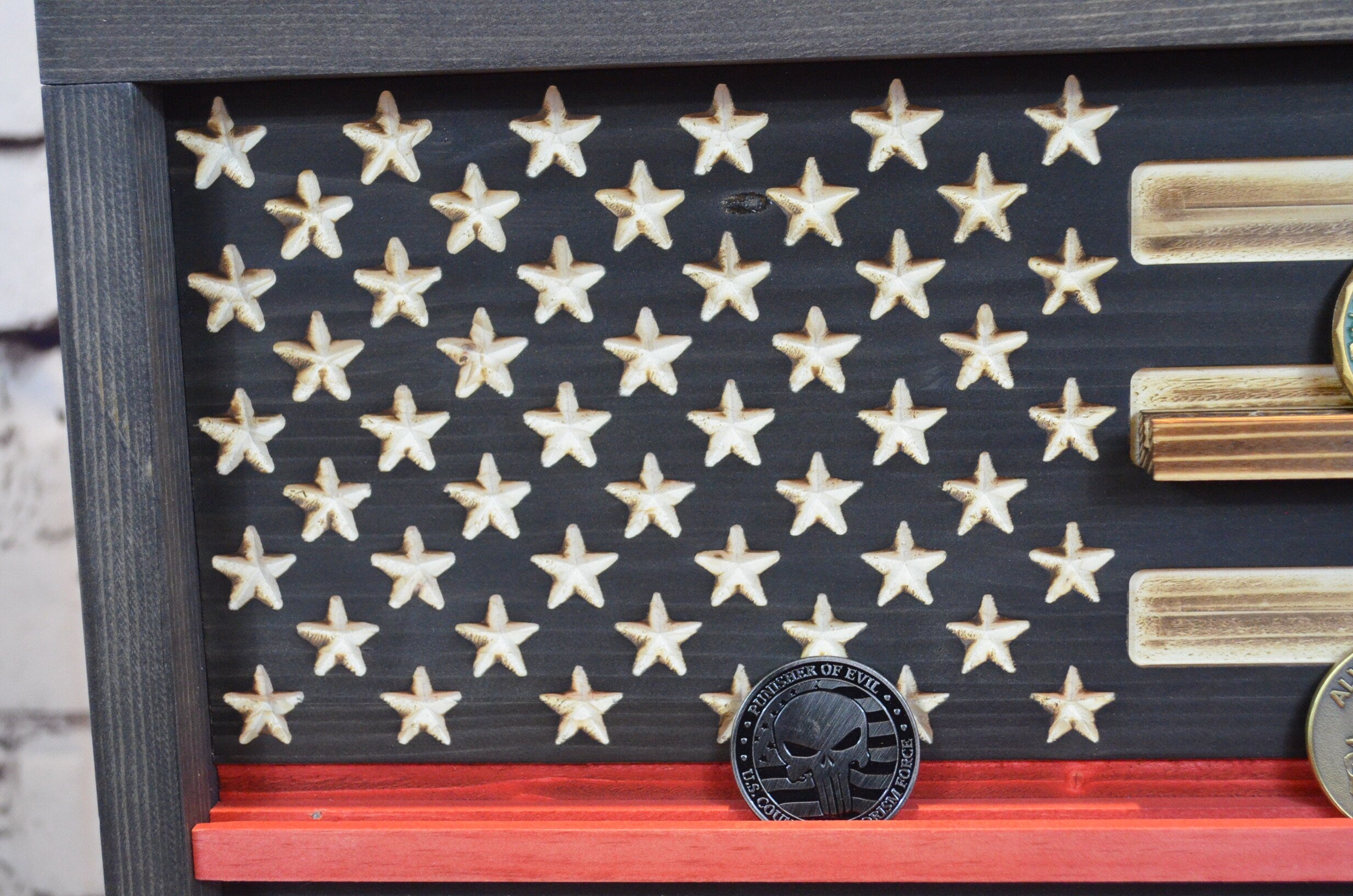 Thin Red Line Coin Display Rack Holder - Rustic Firefighter American Flag Coin Display