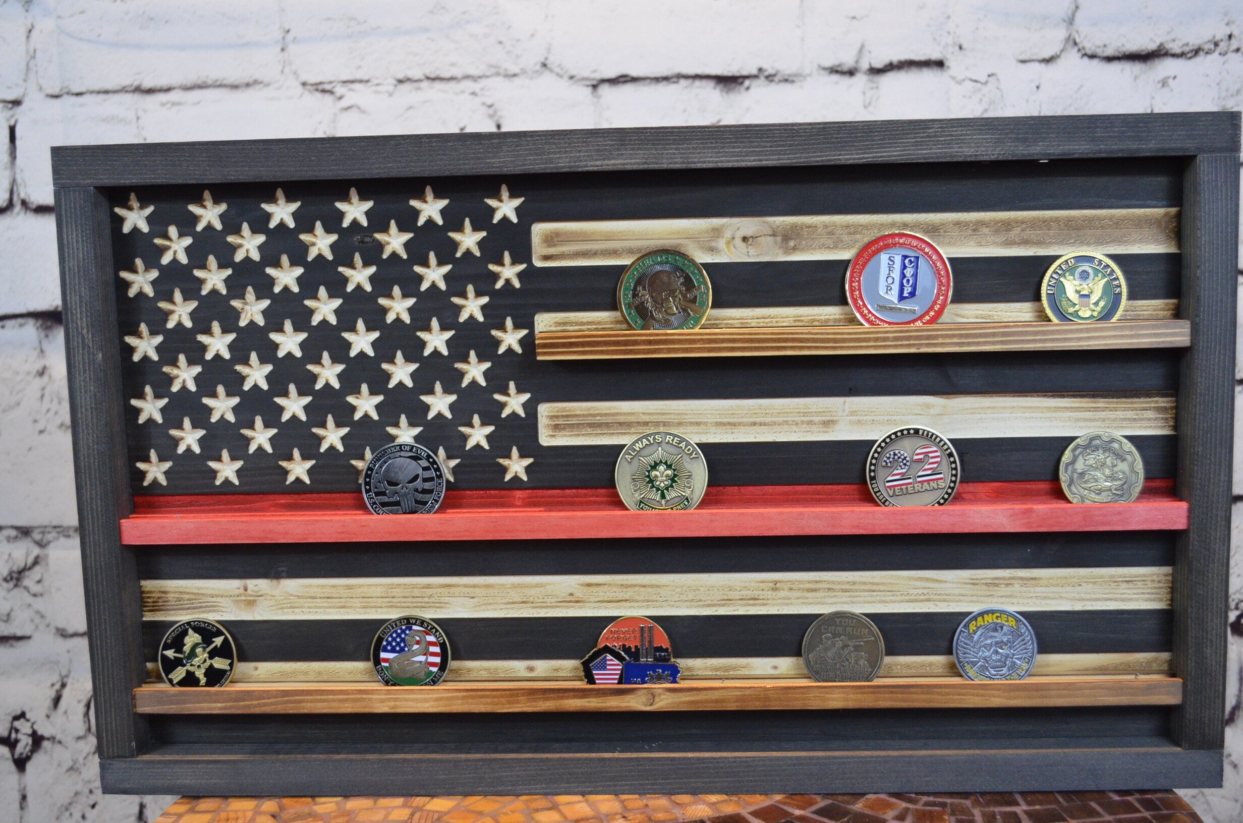 Thin Red Line Coin Display Rack Holder - Rustic Firefighter American Flag Coin Display