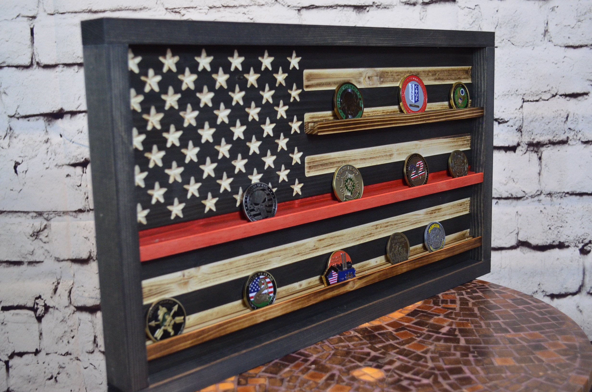Thin Red Line Coin Display Rack Holder - Rustic Firefighter American Flag Coin Display