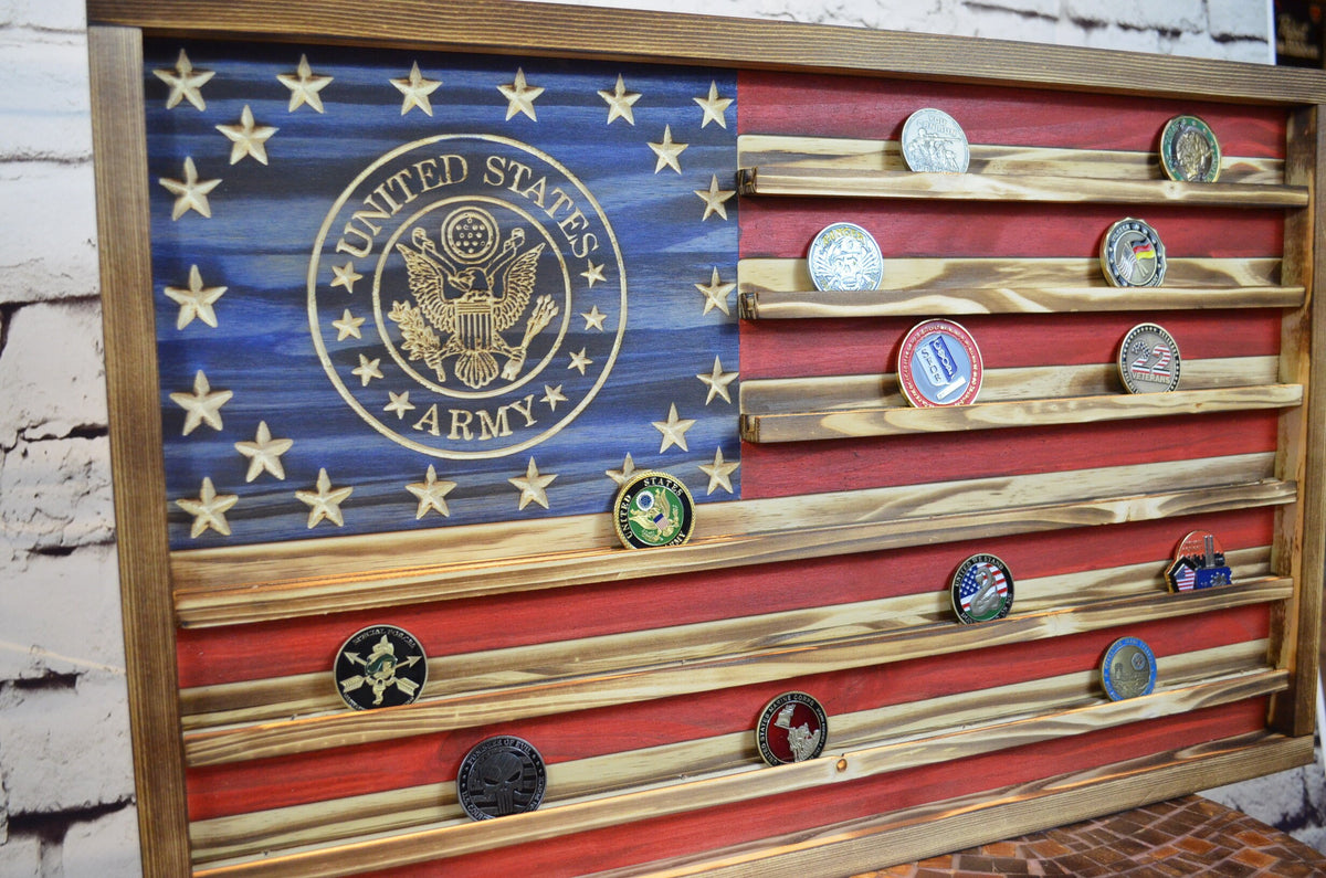 Army Challenge Coin Display Rack Holder - Rustic Army American Flag ...