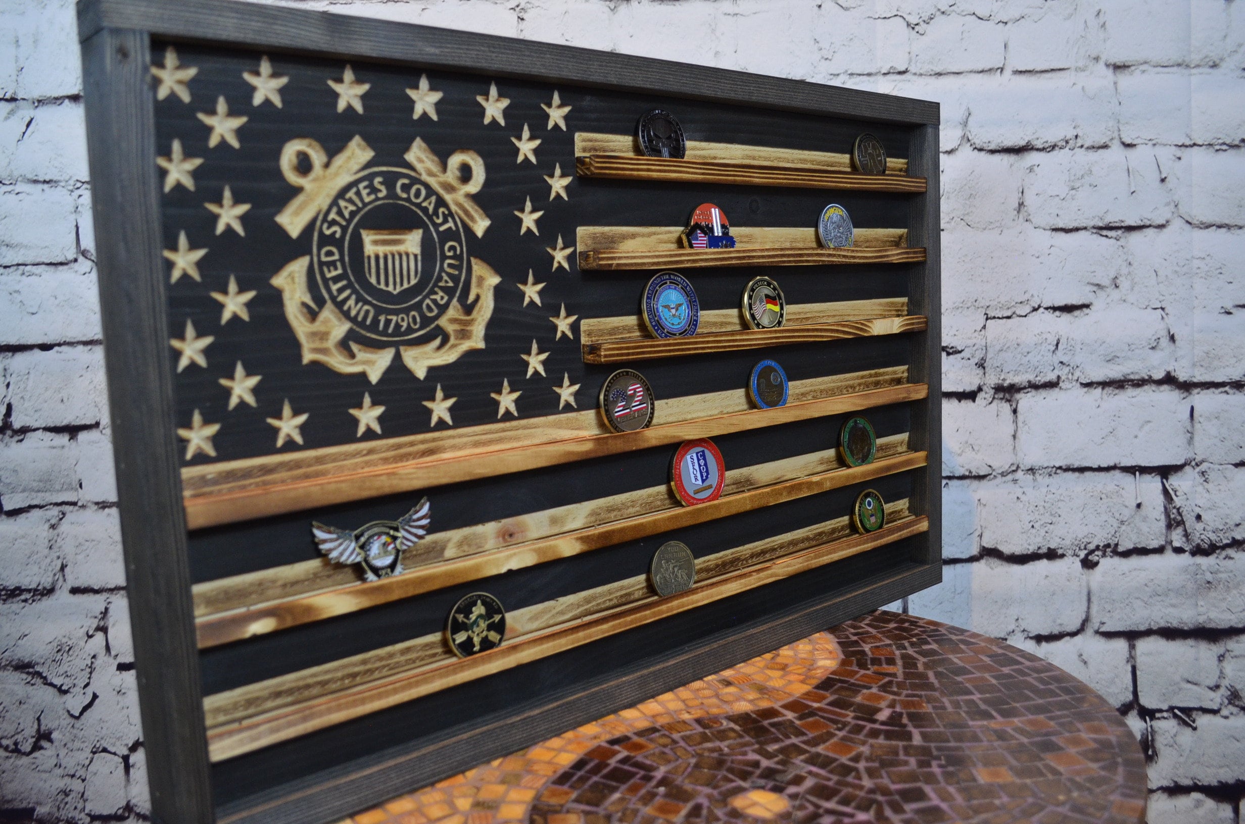 US Coast Guard Challenge Coin Display Rack Holder - Rustic Coast Guard American Flag - Military Coin Display