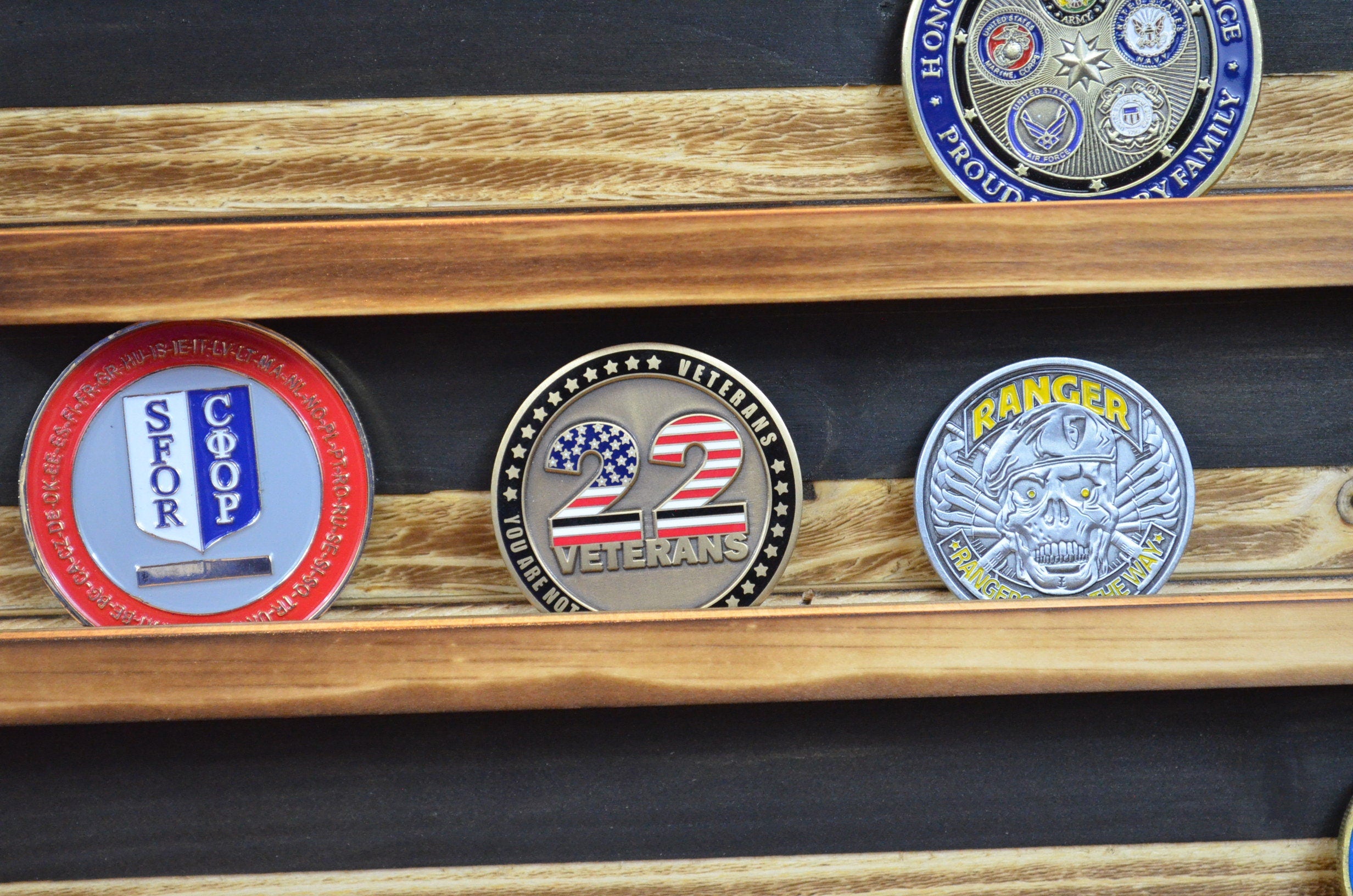 US Military Working Dog Challenge Coin Display Rack Holder - Rustic K9 Working Dog American Flag - Military Coin Display