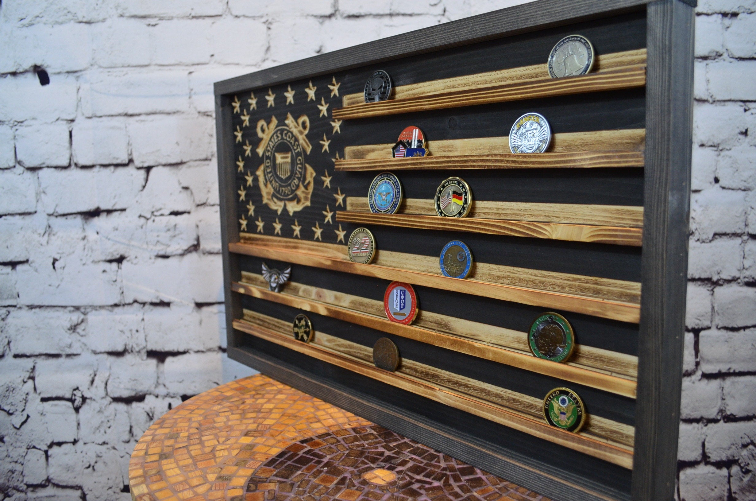 US Coast Guard Challenge Coin Display Rack Holder - Rustic Coast Guard American Flag - Military Coin Display