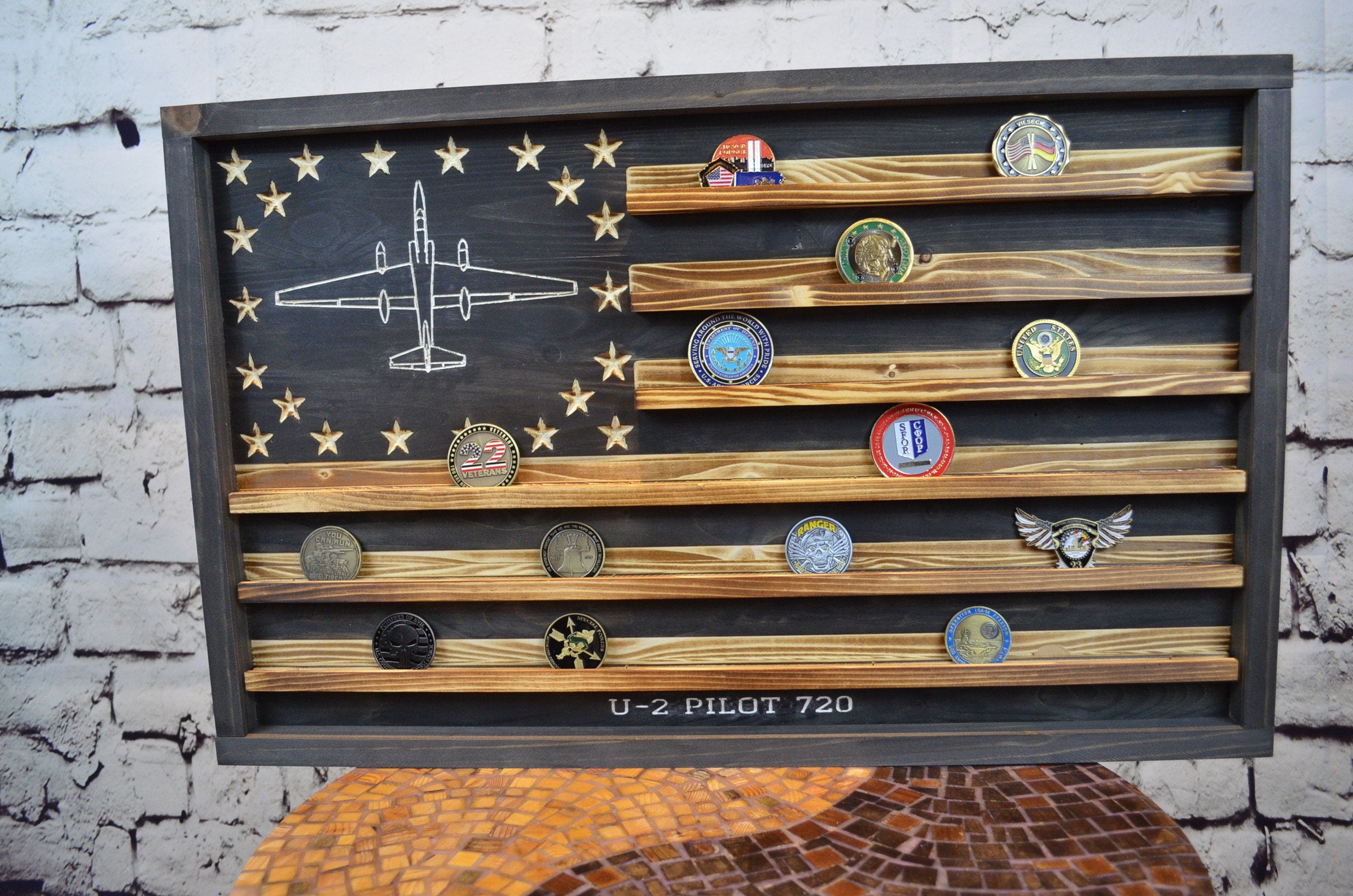 U-2 Aircraft Challenge Coin Display Rack Holder - Rustic American Flag - Air Force Coin Display