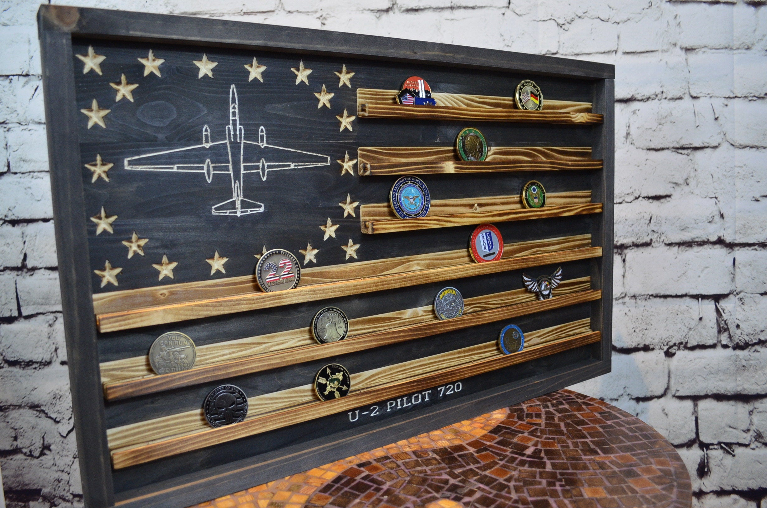 U-2 Aircraft Challenge Coin Display Rack Holder - Rustic American Flag - Air Force Coin Display