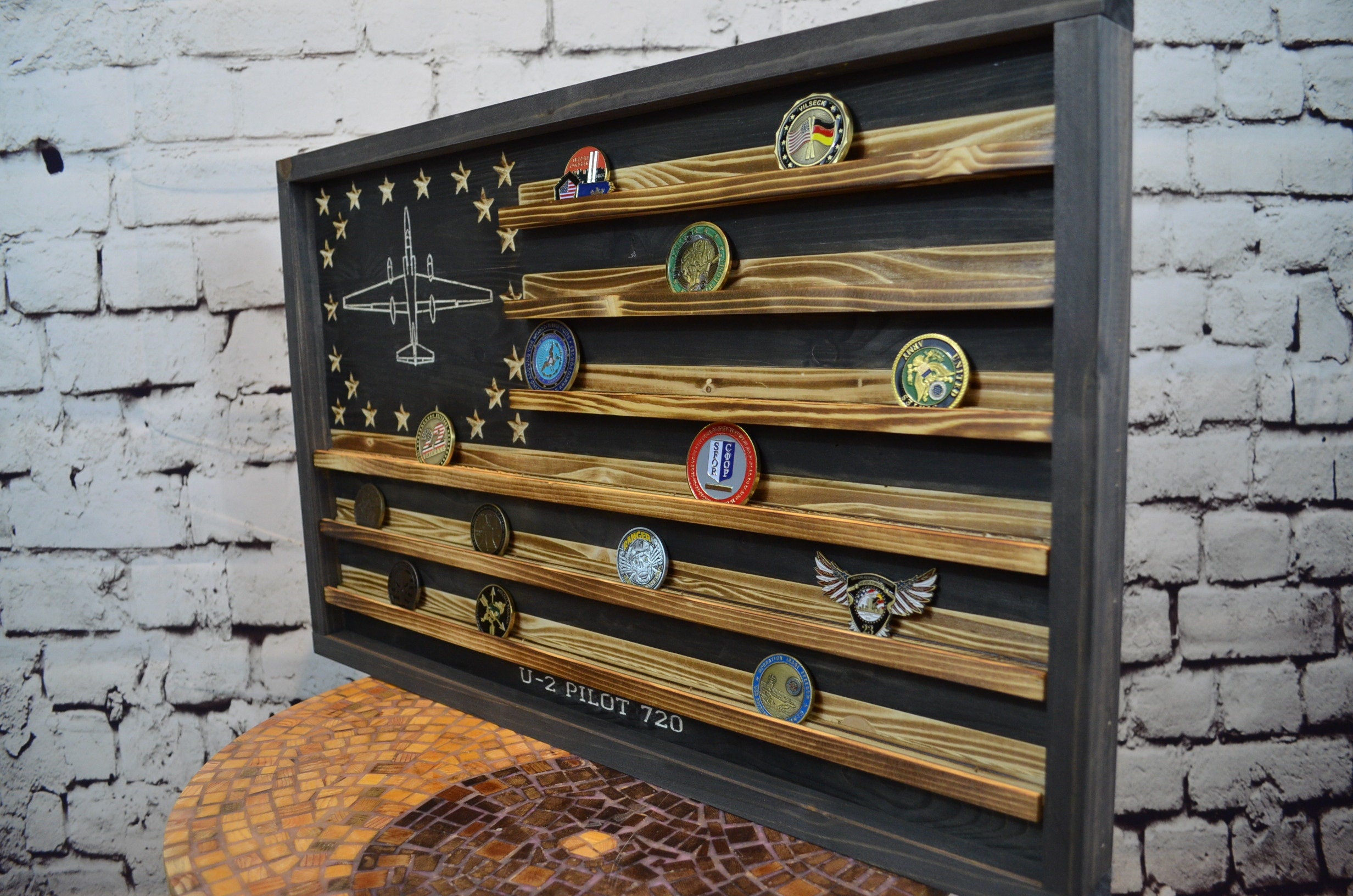 U-2 Aircraft Challenge Coin Display Rack Holder - Rustic American Flag - Air Force Coin Display