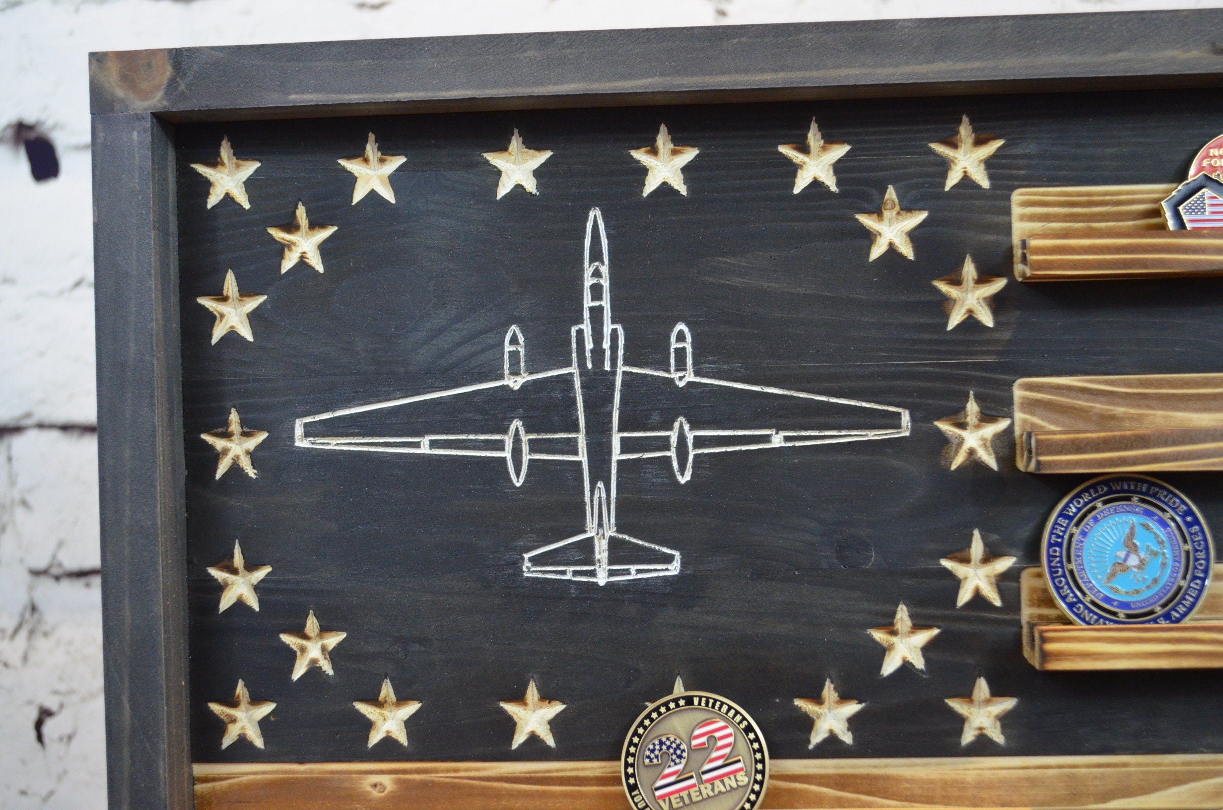 U-2 Aircraft Challenge Coin Display Rack Holder - Rustic American Flag - Air Force Coin Display