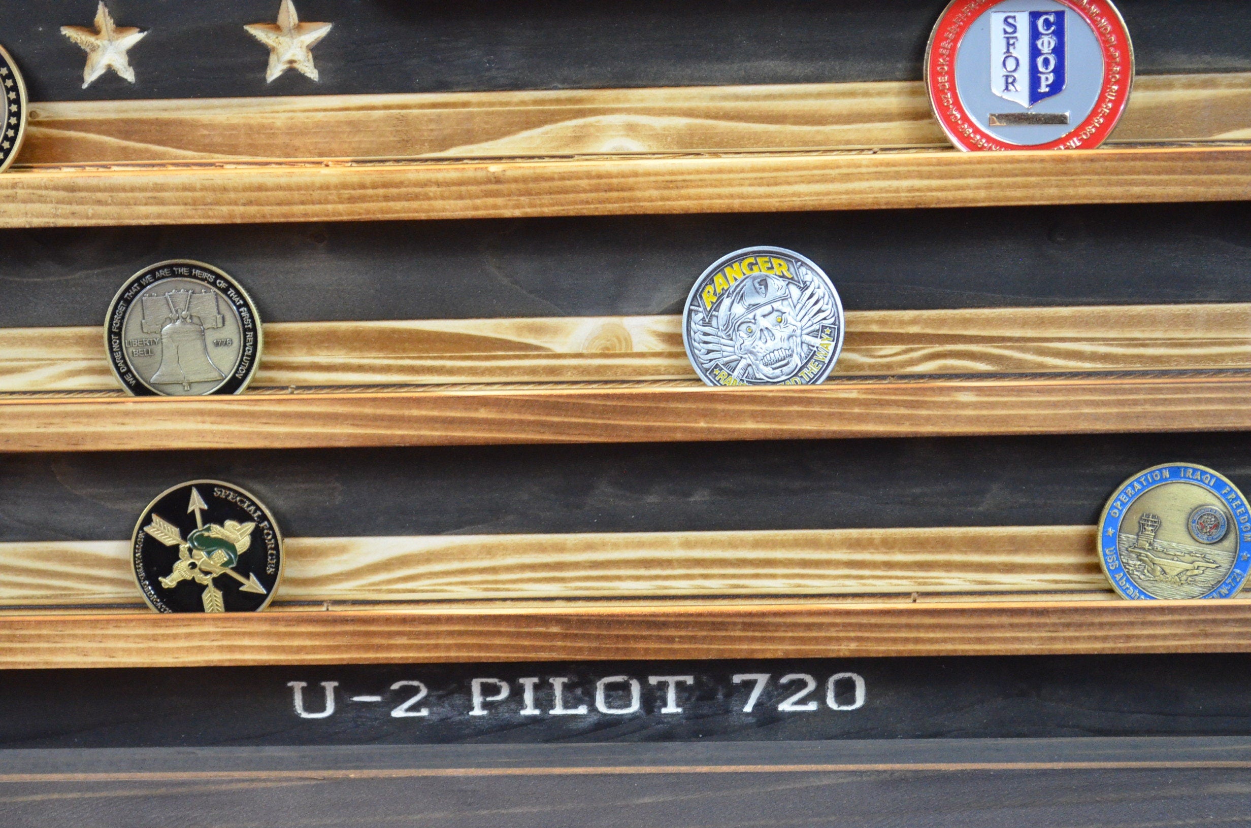 U-2 Aircraft Challenge Coin Display Rack Holder - Rustic American Flag - Air Force Coin Display