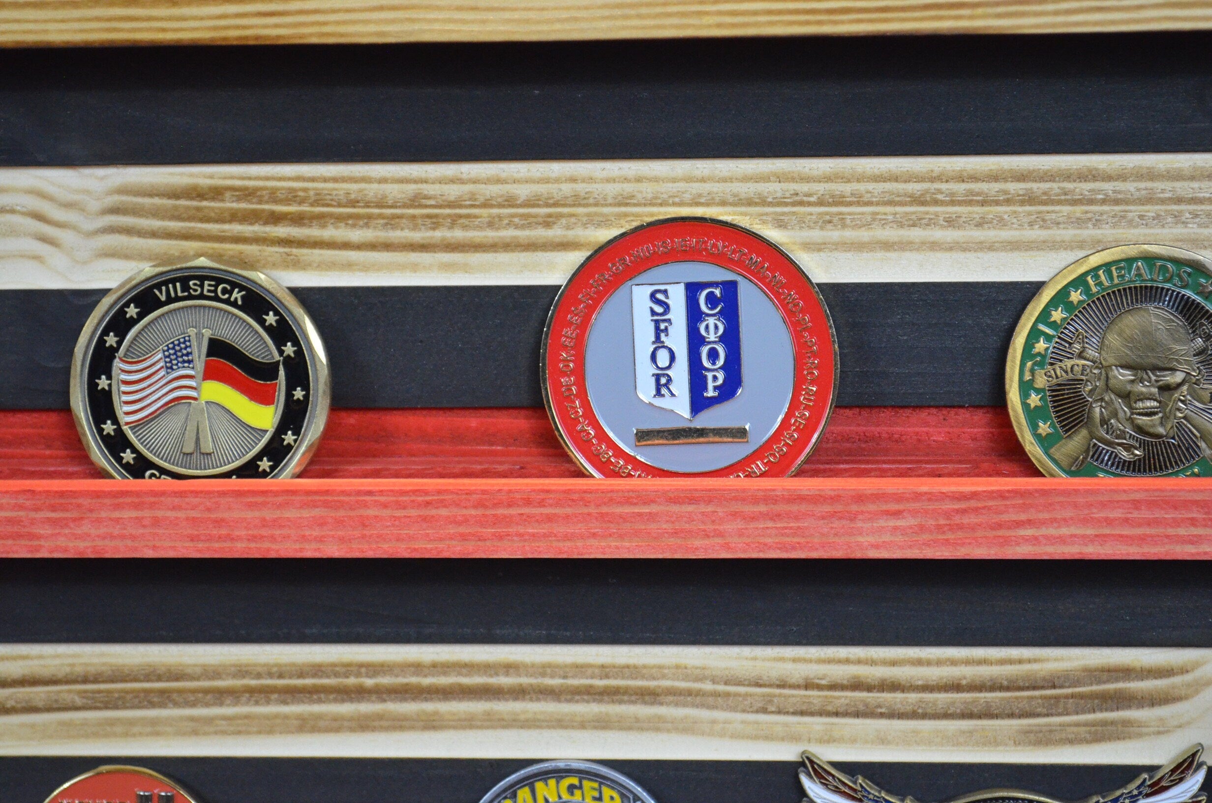 Thin Red Line Coin Display Rack Holder - Rustic Firefighter American Flag Coin Display