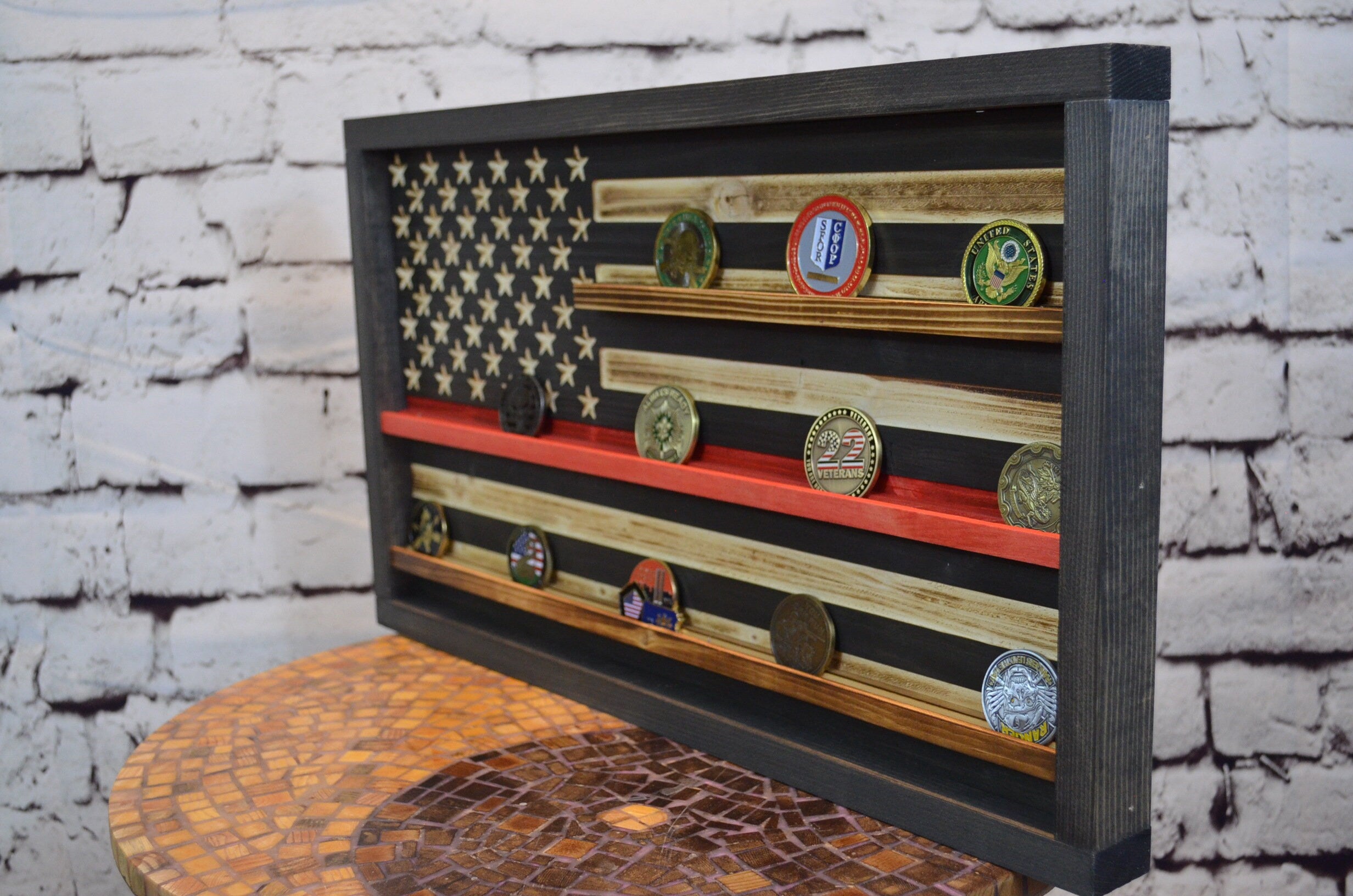 Thin Red Line Coin Display Rack Holder - Rustic Firefighter American Flag Coin Display