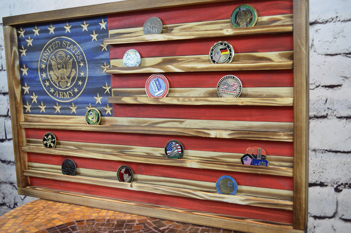 Army Challenge Coin Display Rack Holder - Rustic Army American Flag ...