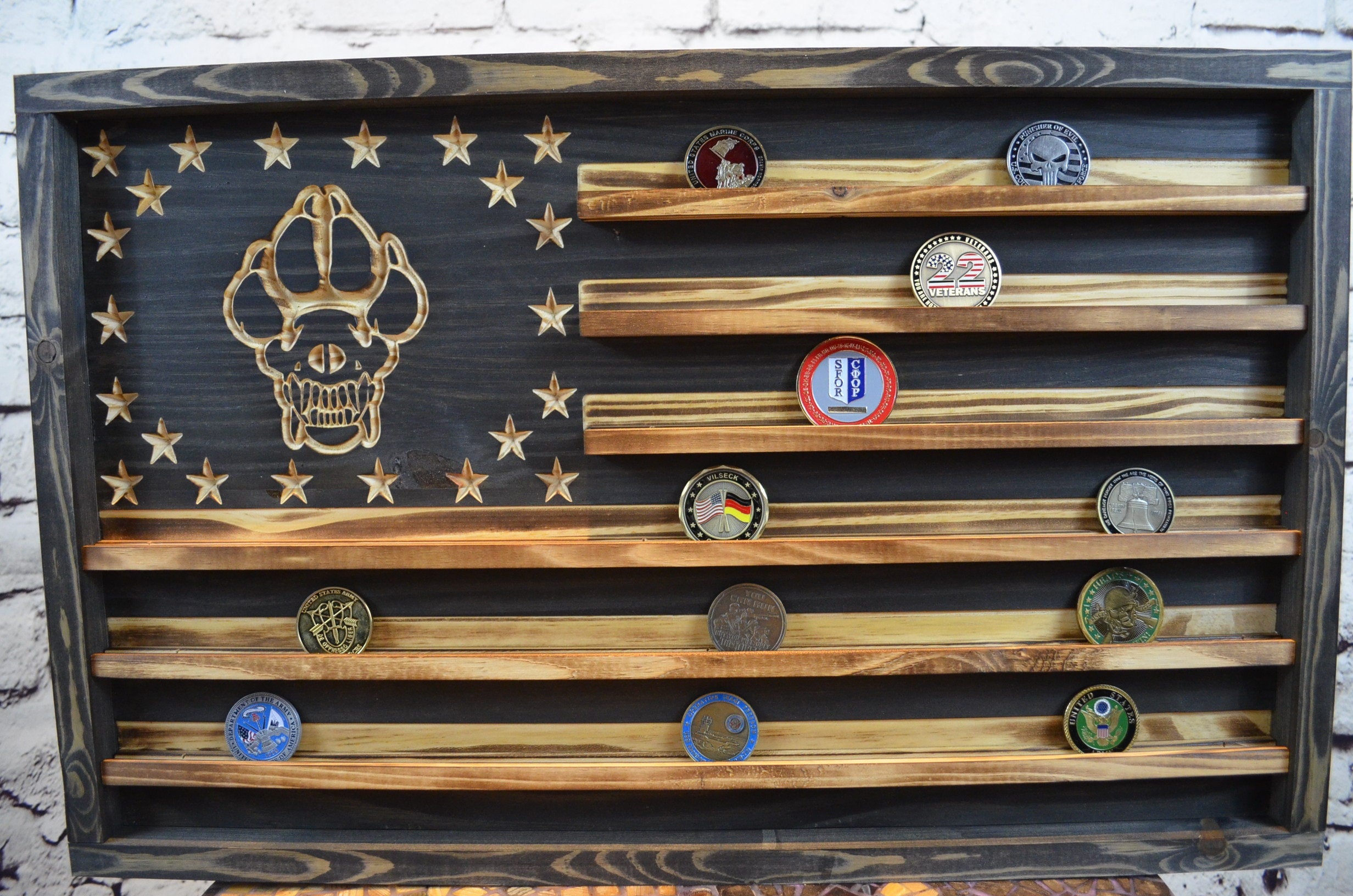 K9 Police Dog Coin Display Rack Holder - Rustic Police American Flag Coin Display