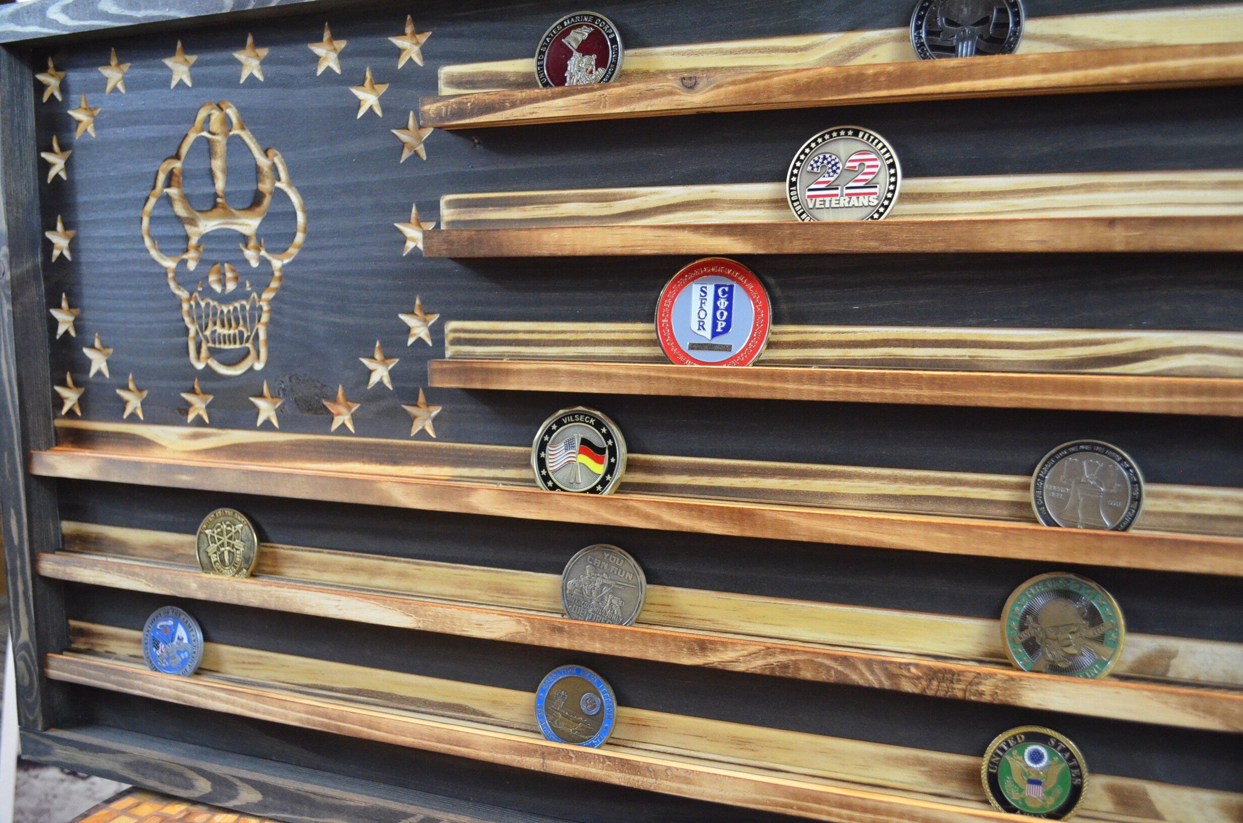 K9 Police Dog Coin Display Rack Holder - Rustic Police American Flag Coin Display