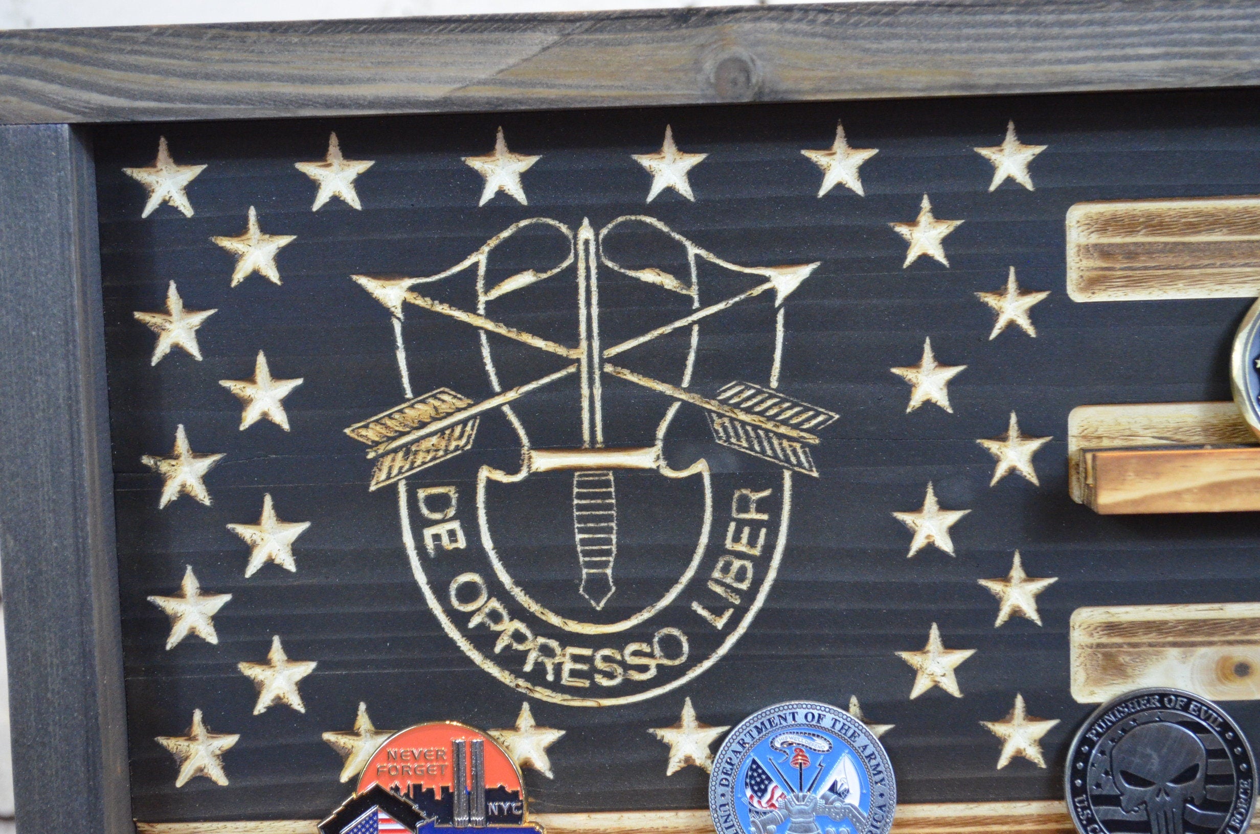 Special Forces Rustic Challenge Coin Display Rack Holder - Rustic De Oppresso Liber American Flag - Military Coin Display