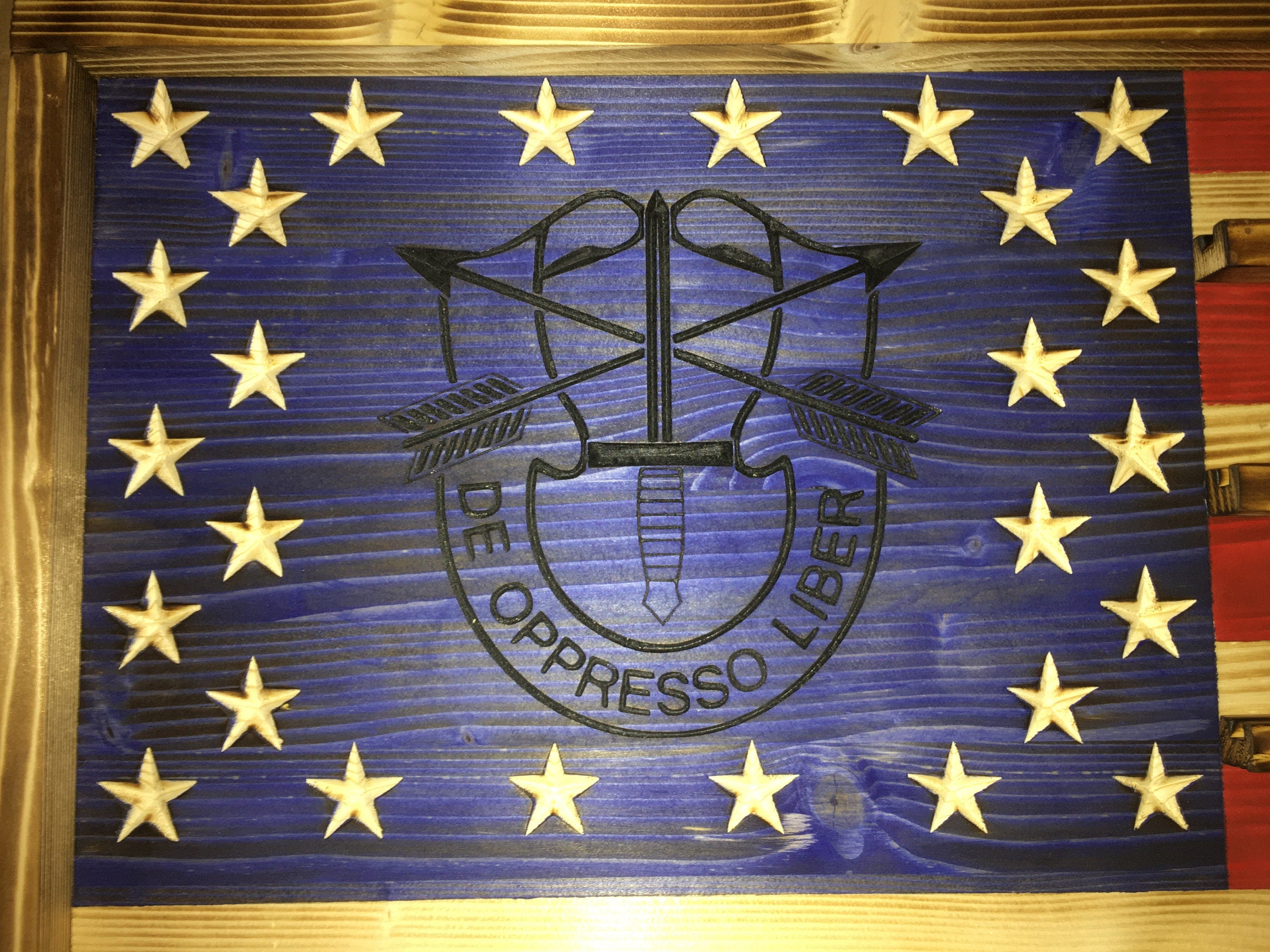 Special Forces Rustic Challenge Coin Display Rack Holder - Rustic De Oppresso Liber American Flag - Military Coin Display