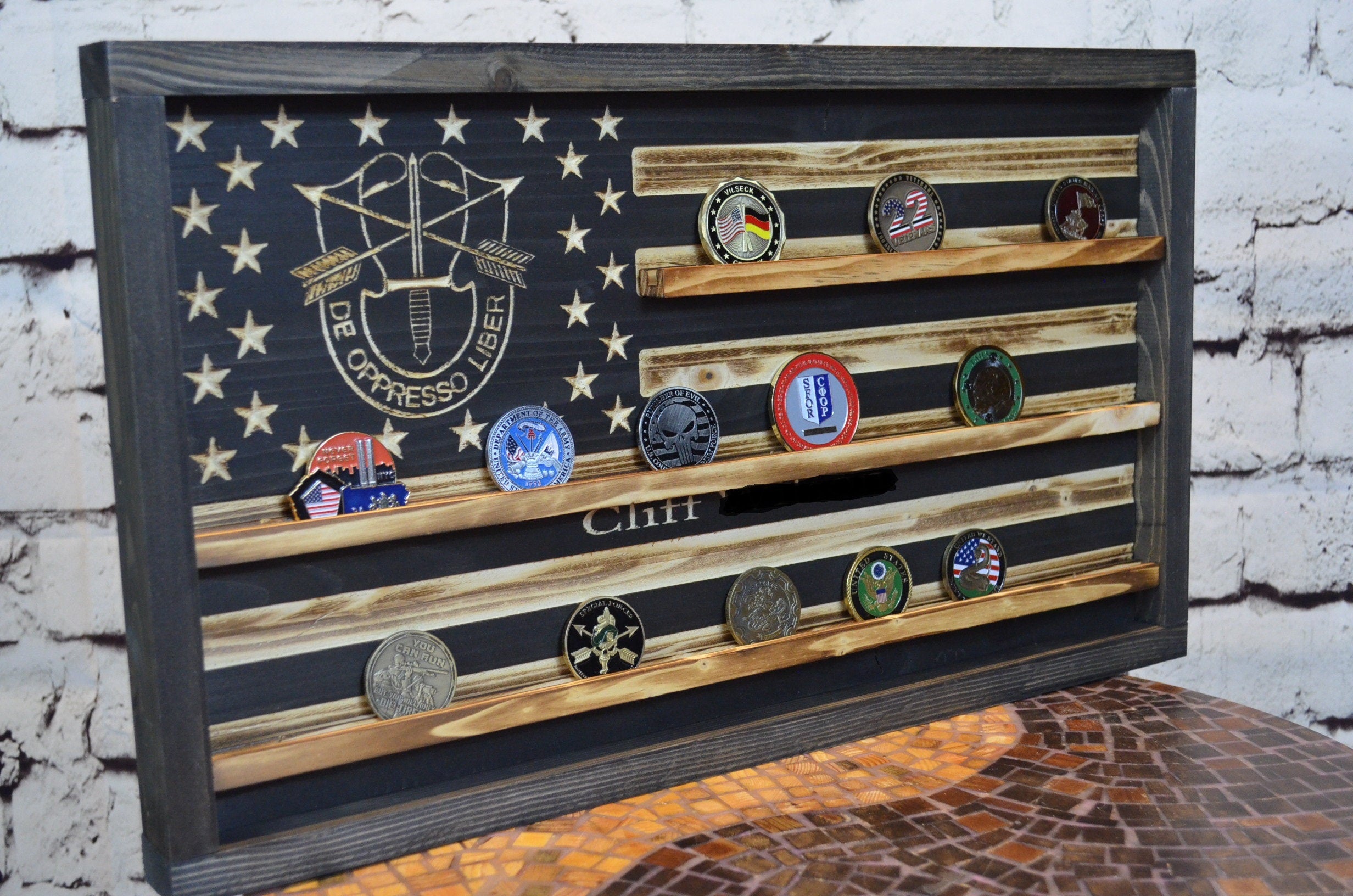 Special Forces Rustic Challenge Coin Display Rack Holder - Rustic De Oppresso Liber American Flag - Military Coin Display