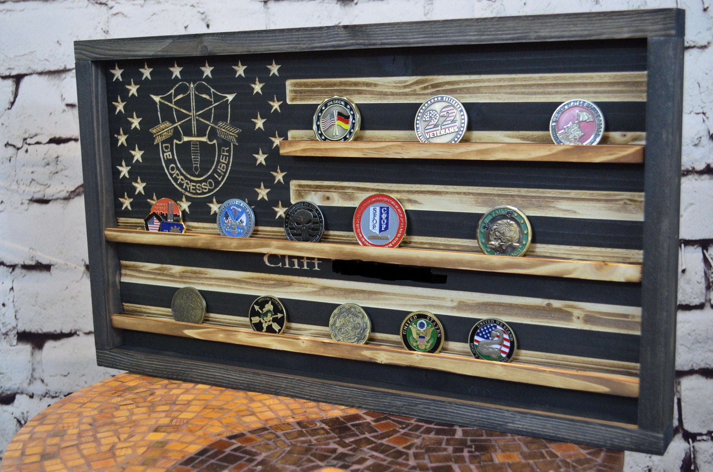 Special Forces Rustic Challenge Coin Display Rack Holder - Rustic De Oppresso Liber American Flag - Military Coin Display