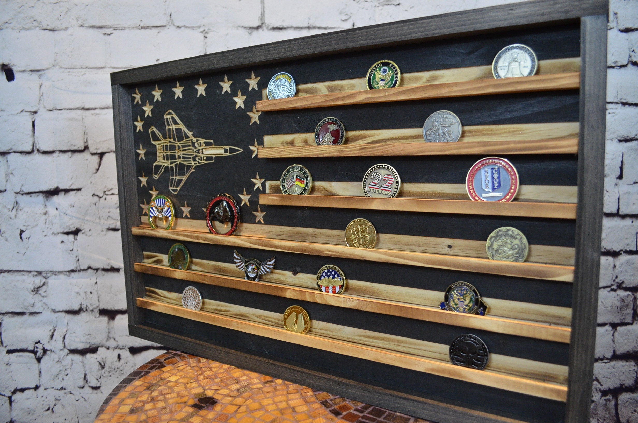 F-15 Airplane Challenge Coin Display Rack Holder - Rustic Air Force American Flag - Fighter Jet Coin Display
