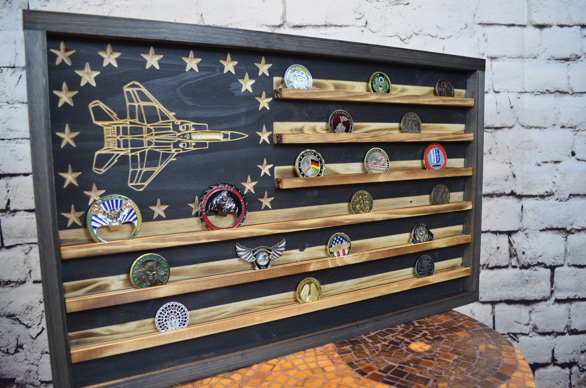 F-15 Airplane Challenge Coin Display Rack Holder - Rustic Air Force American Flag - Fighter Jet Coin Display