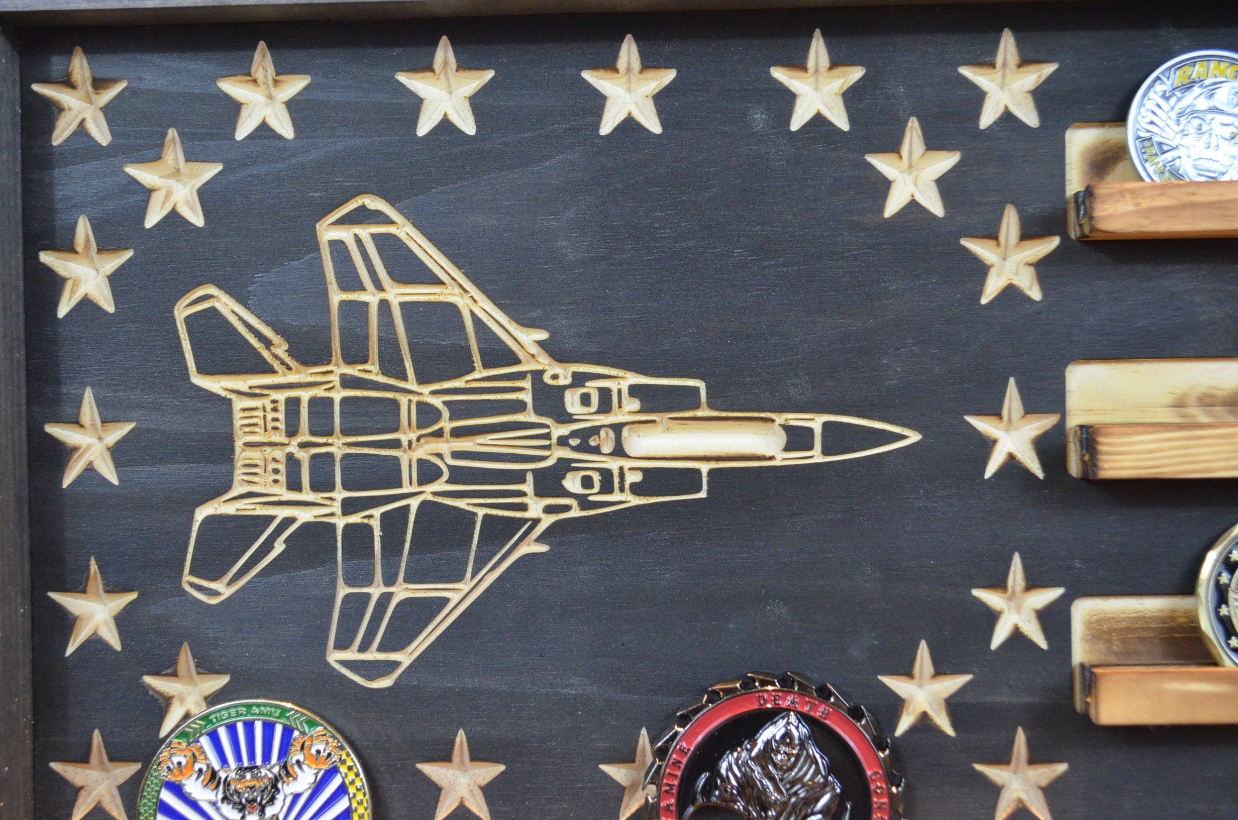F-15 Airplane Challenge Coin Display Rack Holder - Rustic Air Force American Flag - Fighter Jet Coin Display