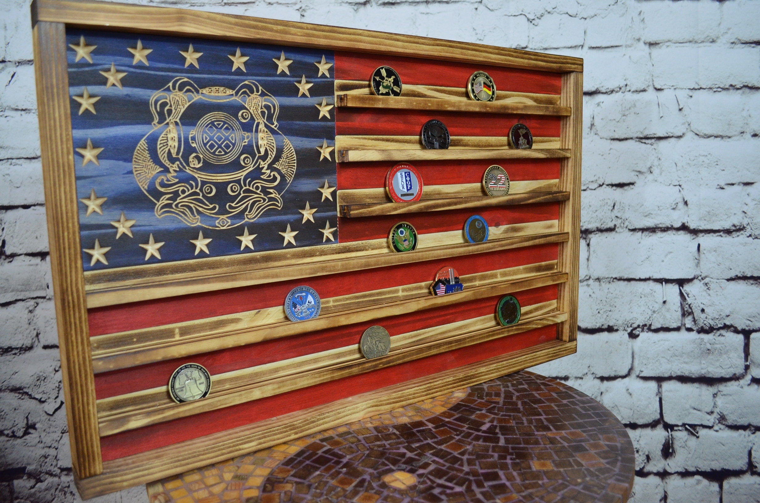 US Navy First Class Diver Challenge Coin Display Rack Holder - Rustic American Flag - Military Coin Display
