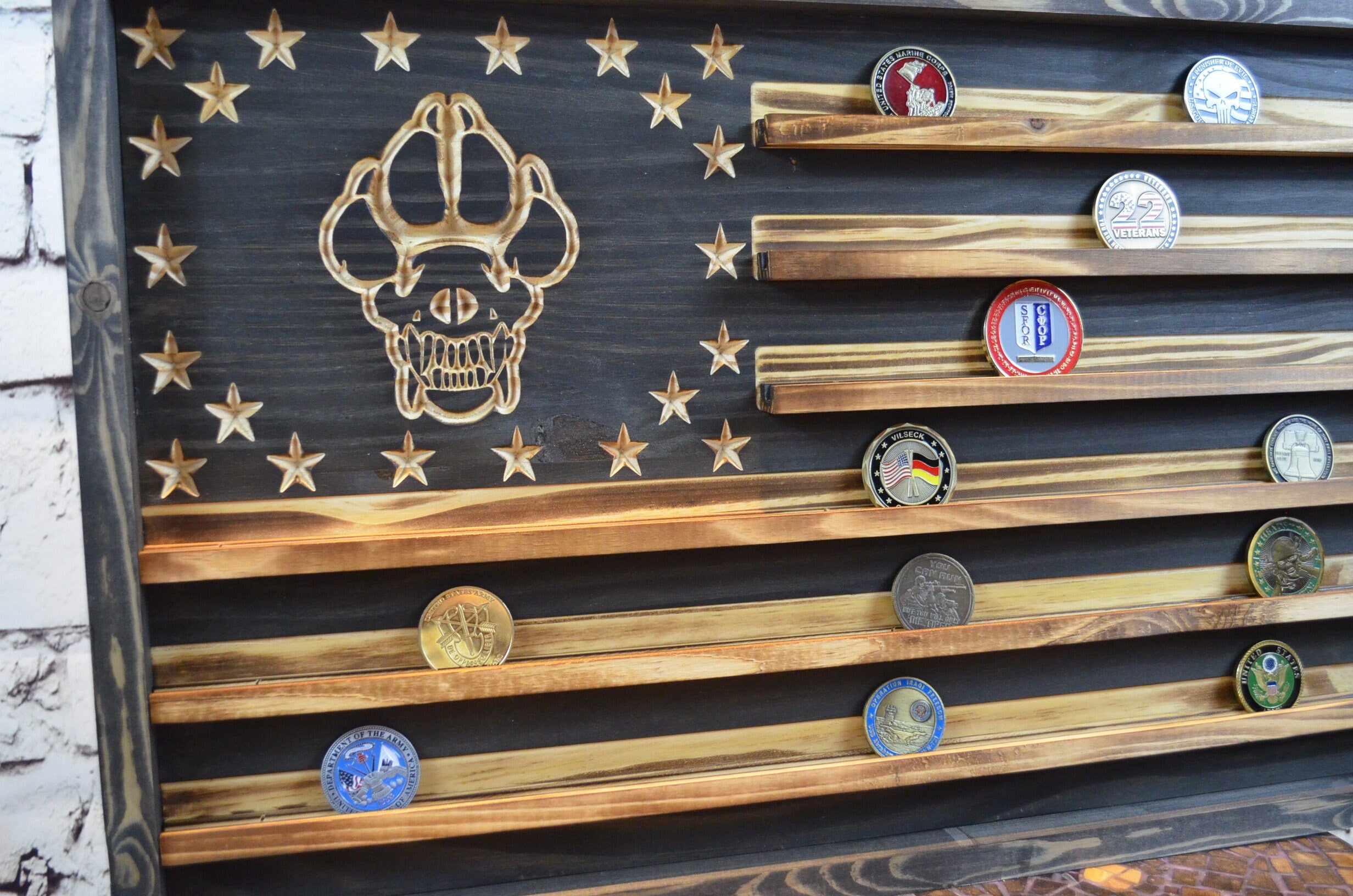 K9 Police Dog Coin Display Rack Holder - Rustic Police American Flag Coin Display