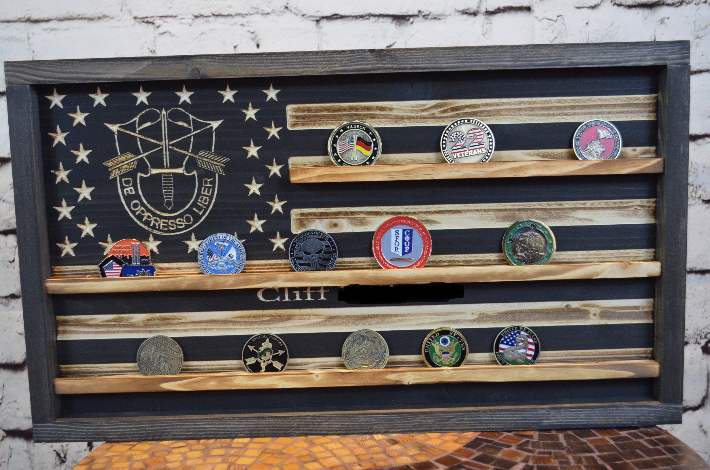 Special Forces Rustic Challenge Coin Display Rack Holder - Rustic De Oppresso Liber American Flag - Military Coin Display