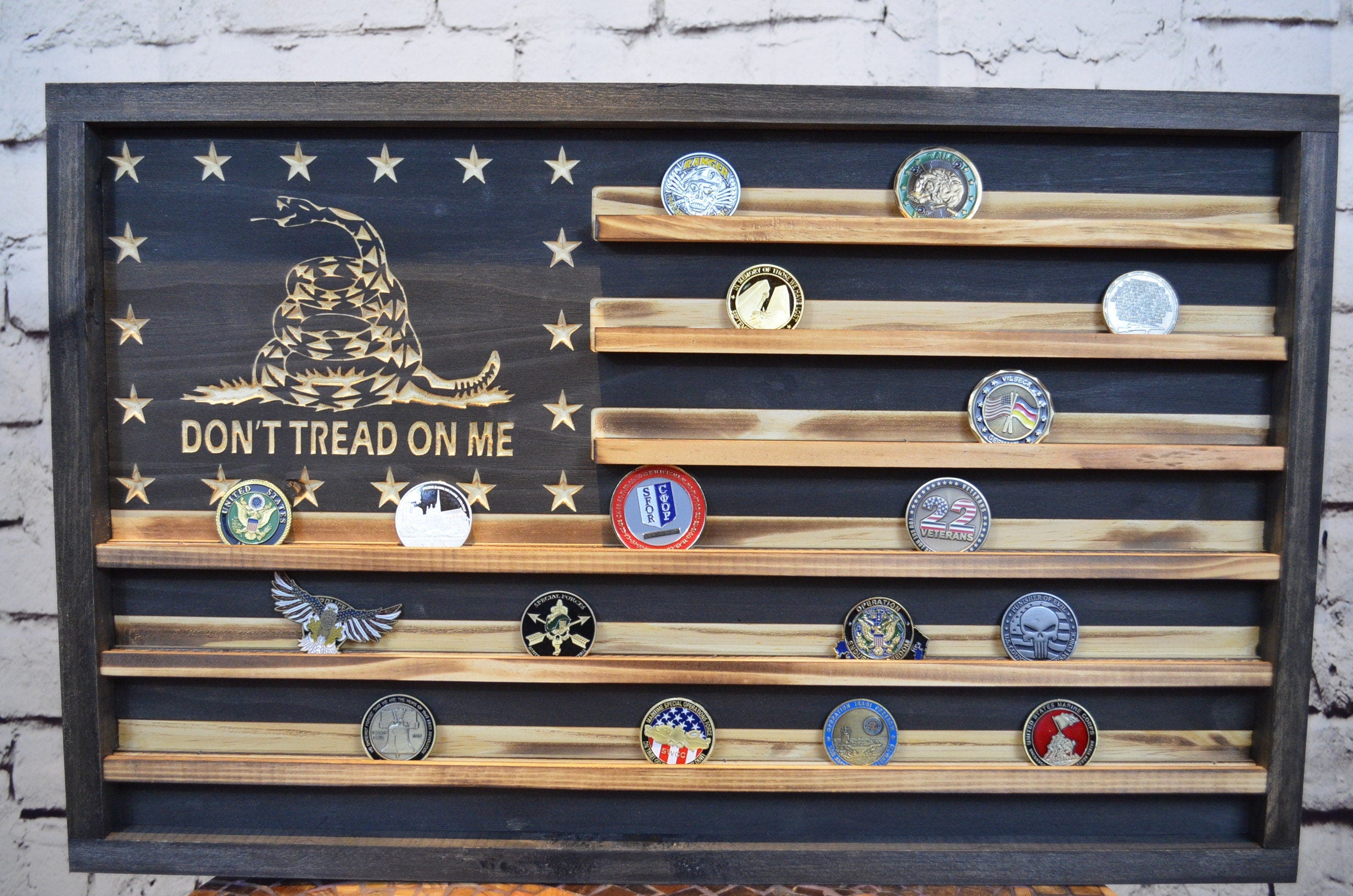 Rustic Gadsden Rattle Snake Challenge Coin Flag Display Rack Holder - Rustic Gadsden American Flag - Military and Police Coin Display