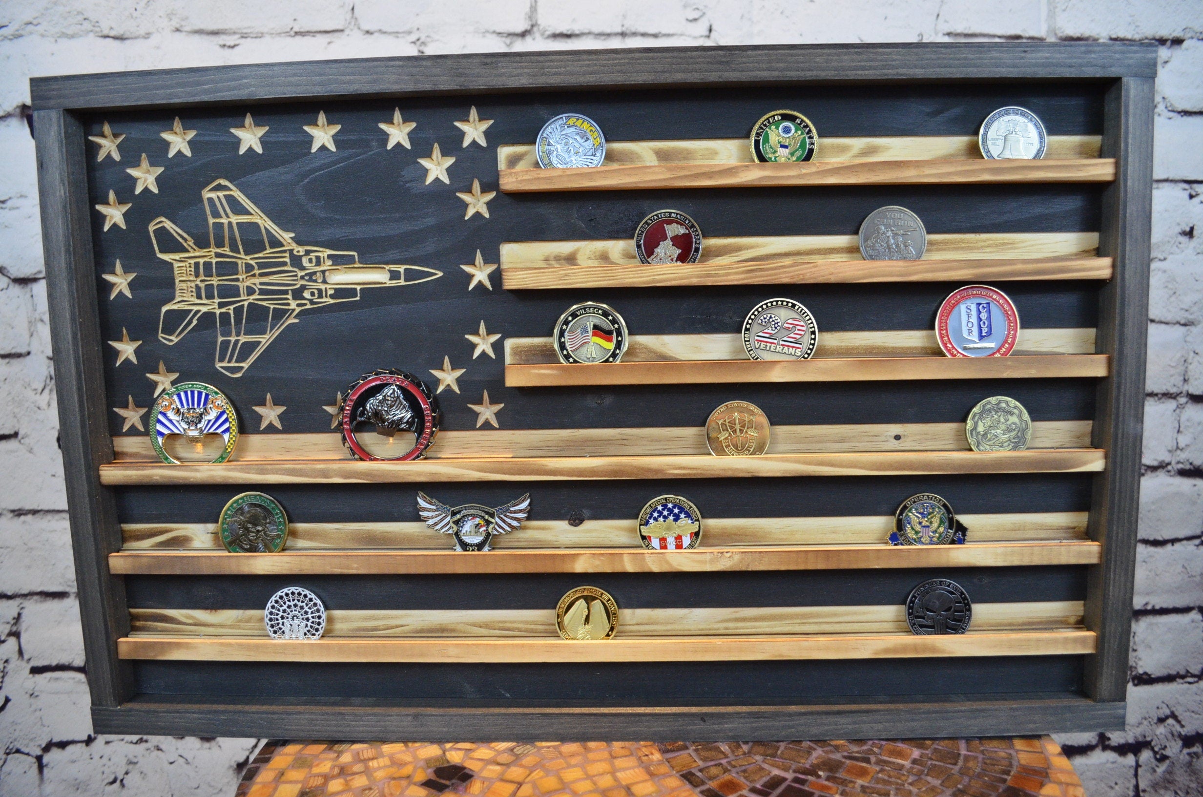 F-15 Airplane Challenge Coin Display Rack Holder - Rustic Air Force American Flag - Fighter Jet Coin Display