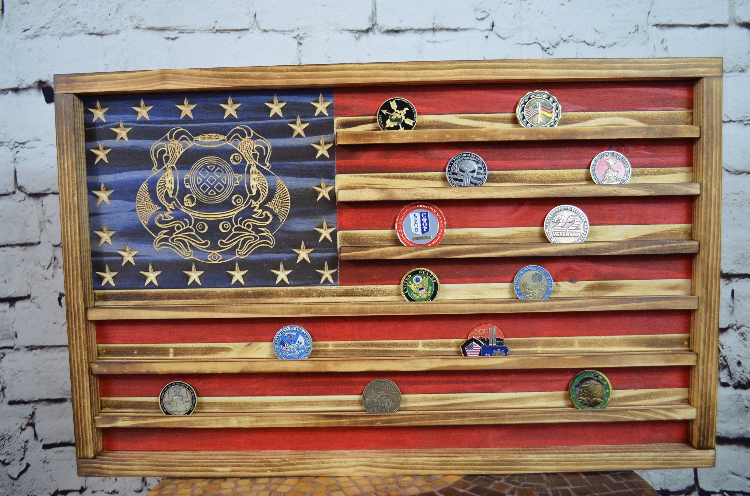 US Navy First Class Diver Challenge Coin Display Rack Holder - Rustic American Flag - Military Coin Display