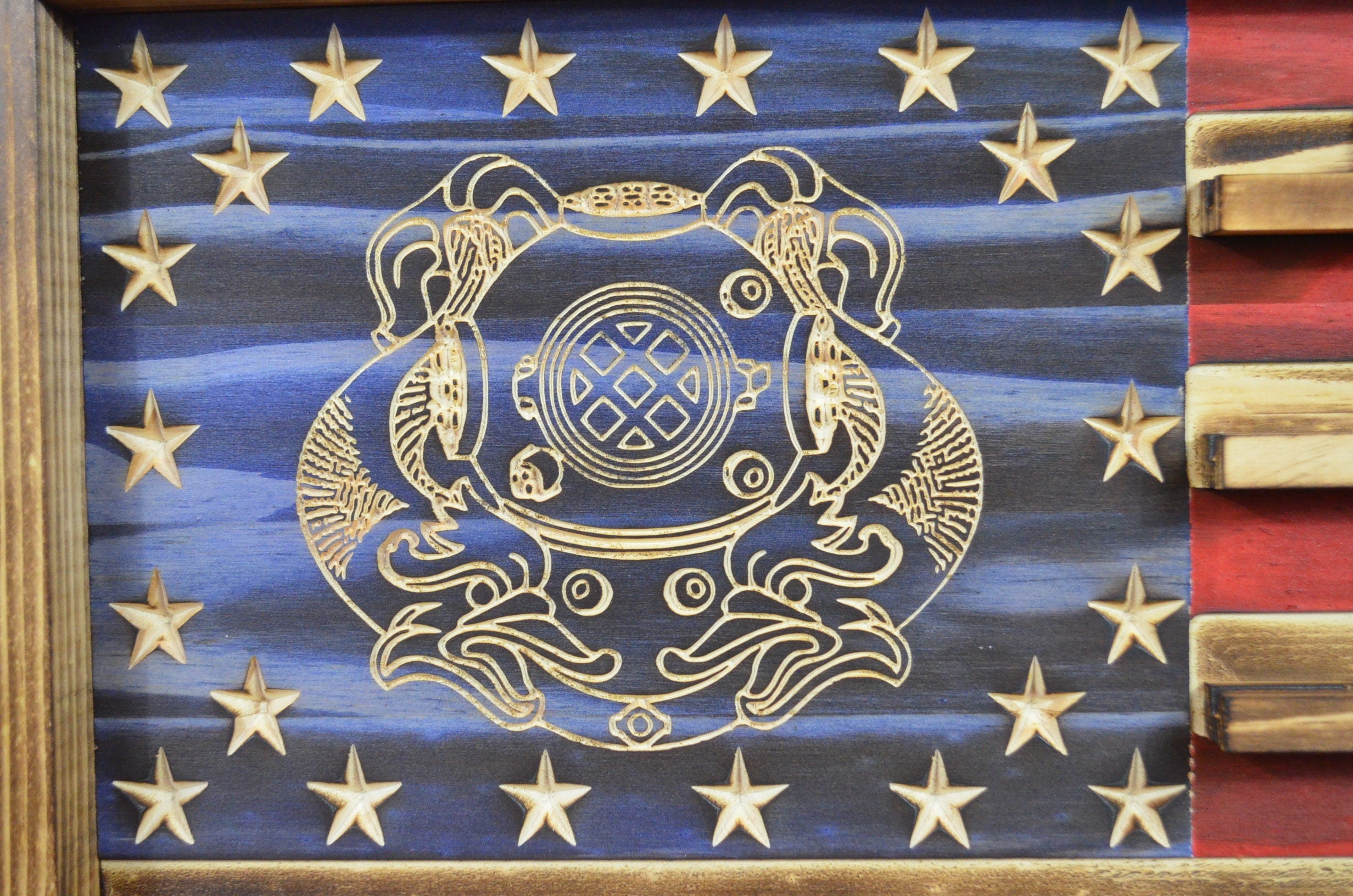 US Navy First Class Diver Challenge Coin Display Rack Holder - Rustic American Flag - Military Coin Display