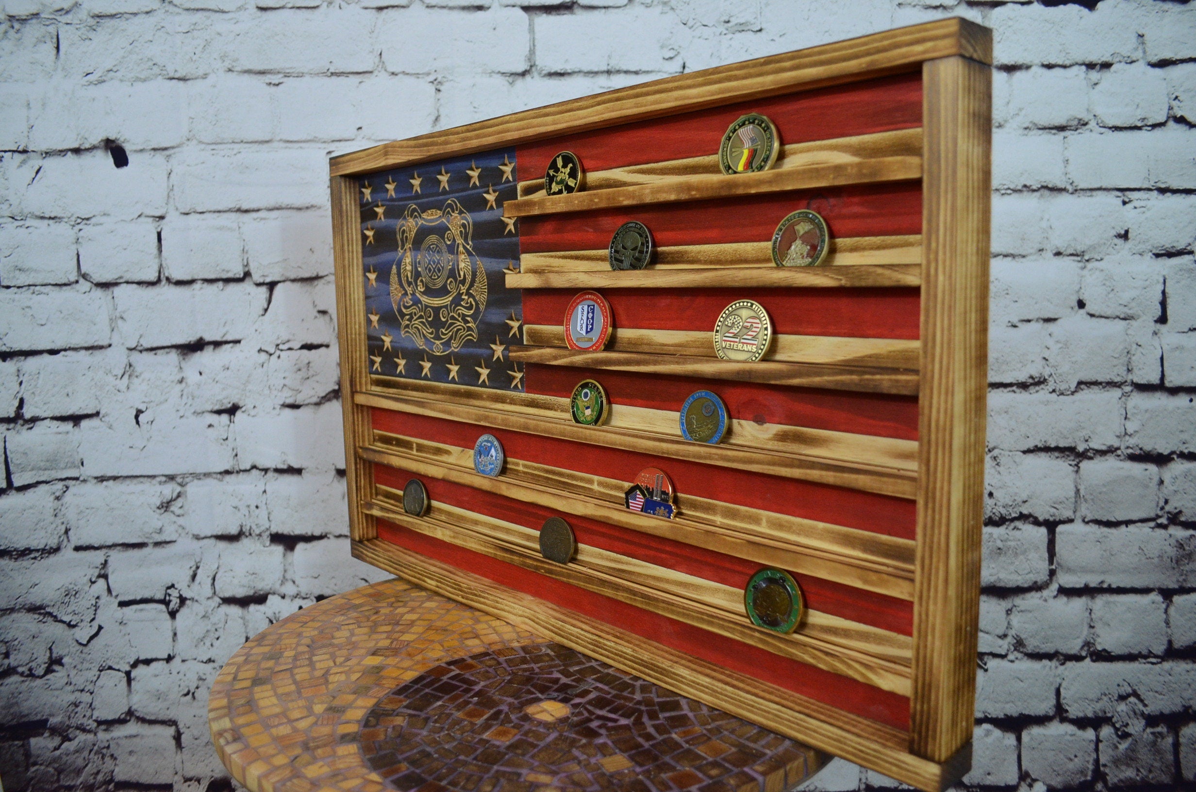 US Navy First Class Diver Challenge Coin Display Rack Holder - Rustic American Flag - Military Coin Display