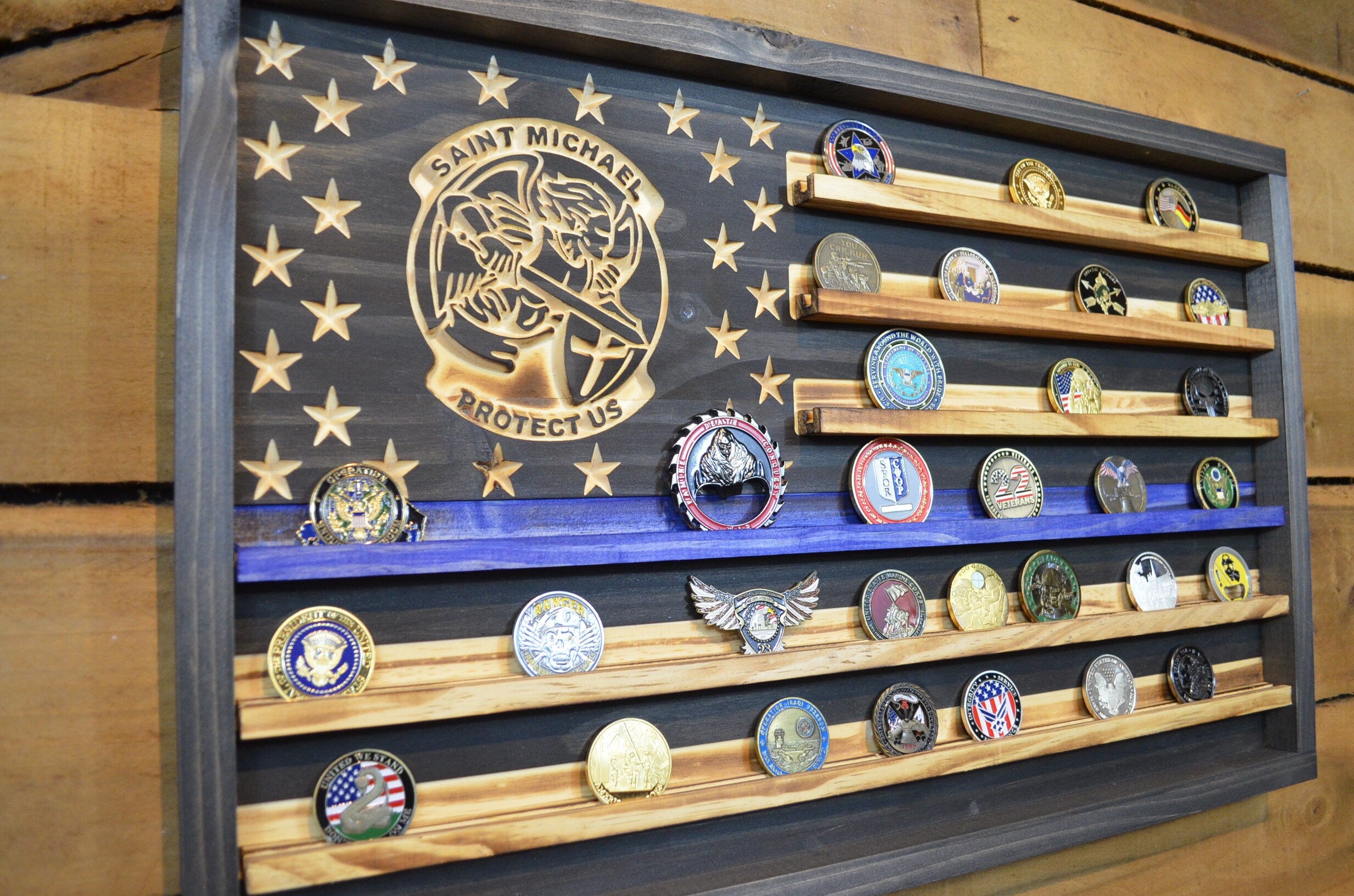 Saint Michael Thin Blue Line Coin Display Rack Holder - Rustic Police American Flag Coin Display