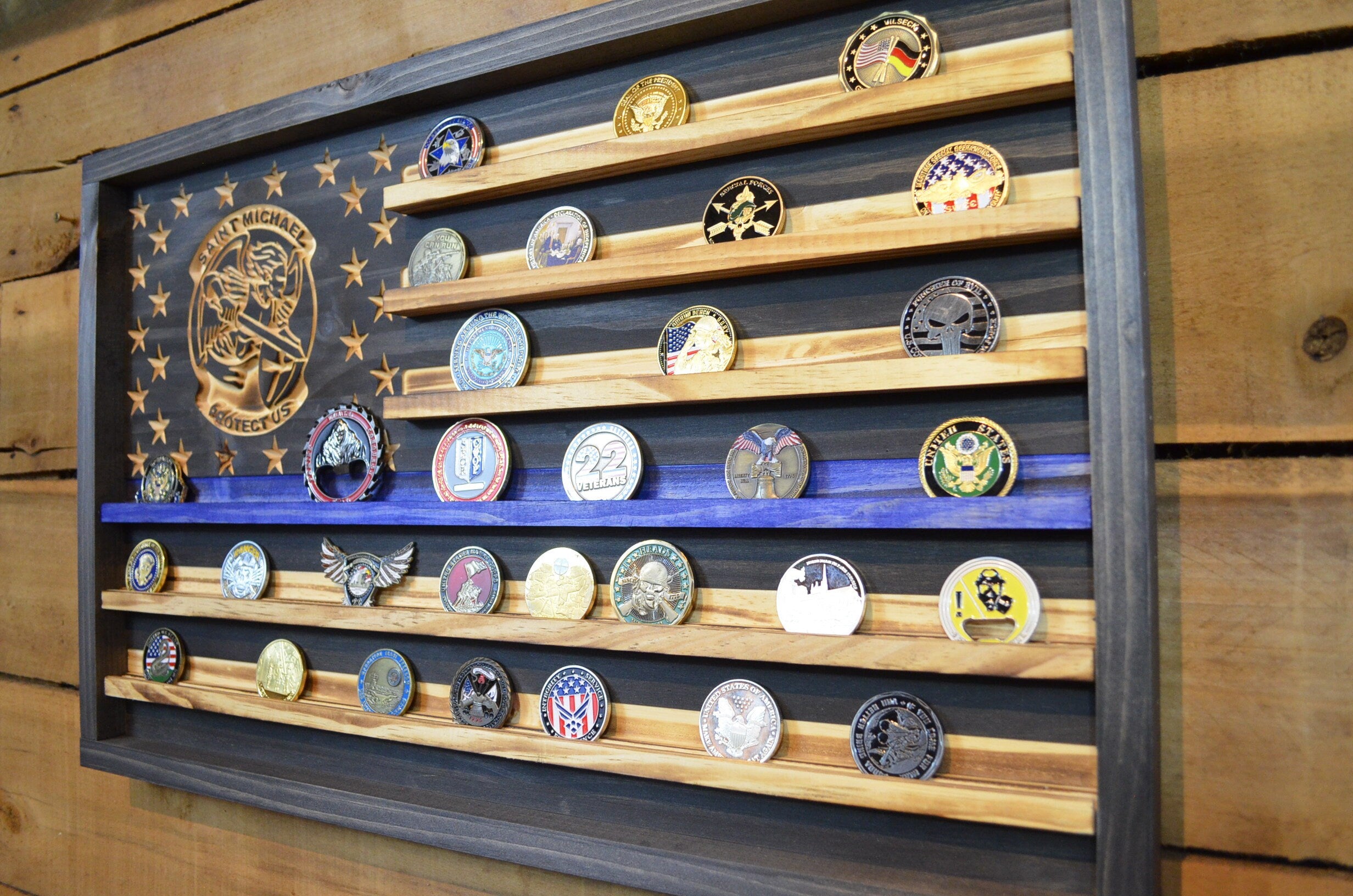 Saint Michael Thin Blue Line Coin Display Rack Holder - Rustic Police American Flag Coin Display